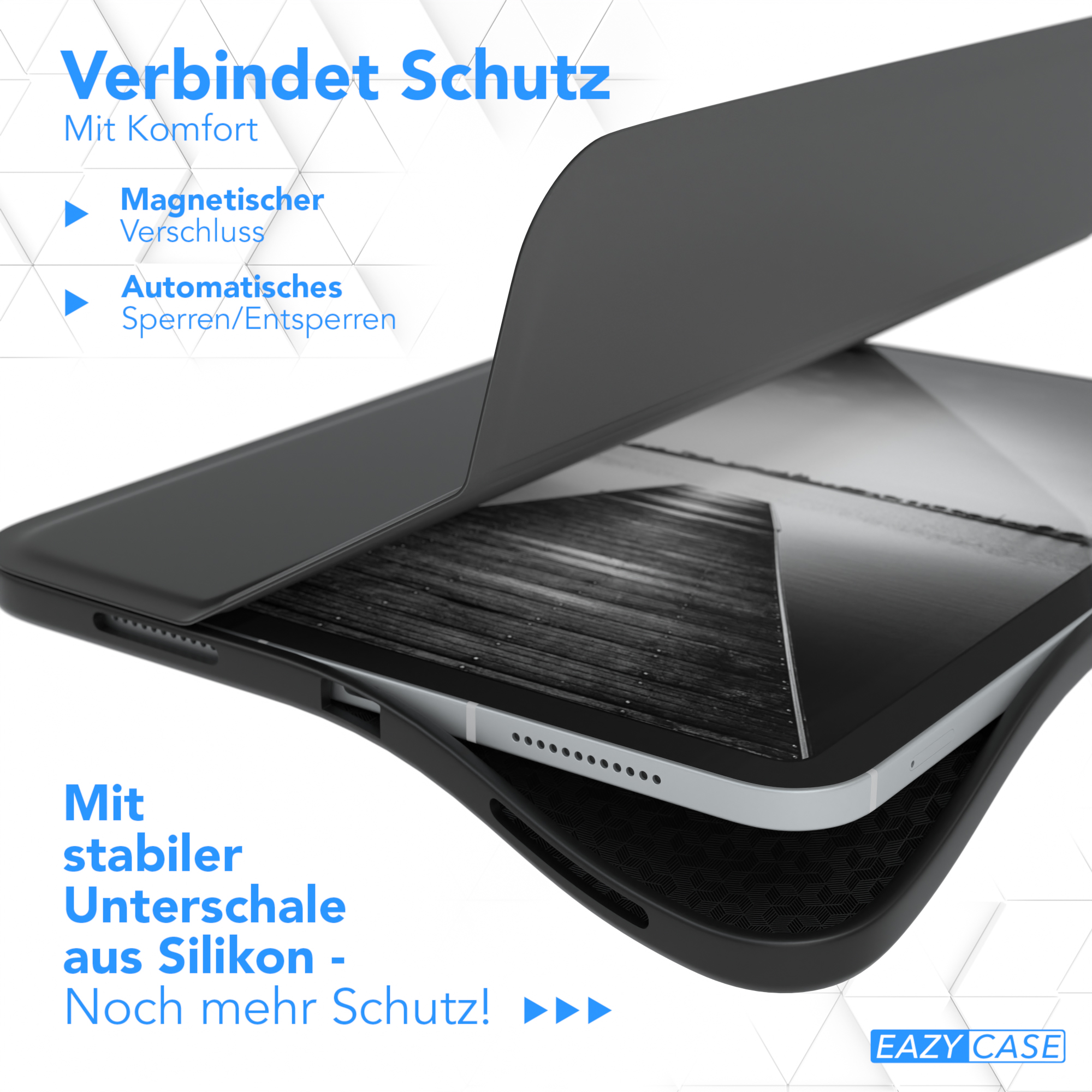Geöffnete Handyhülle mit Tablet, Silikonunterschale und Magnetverschluss.