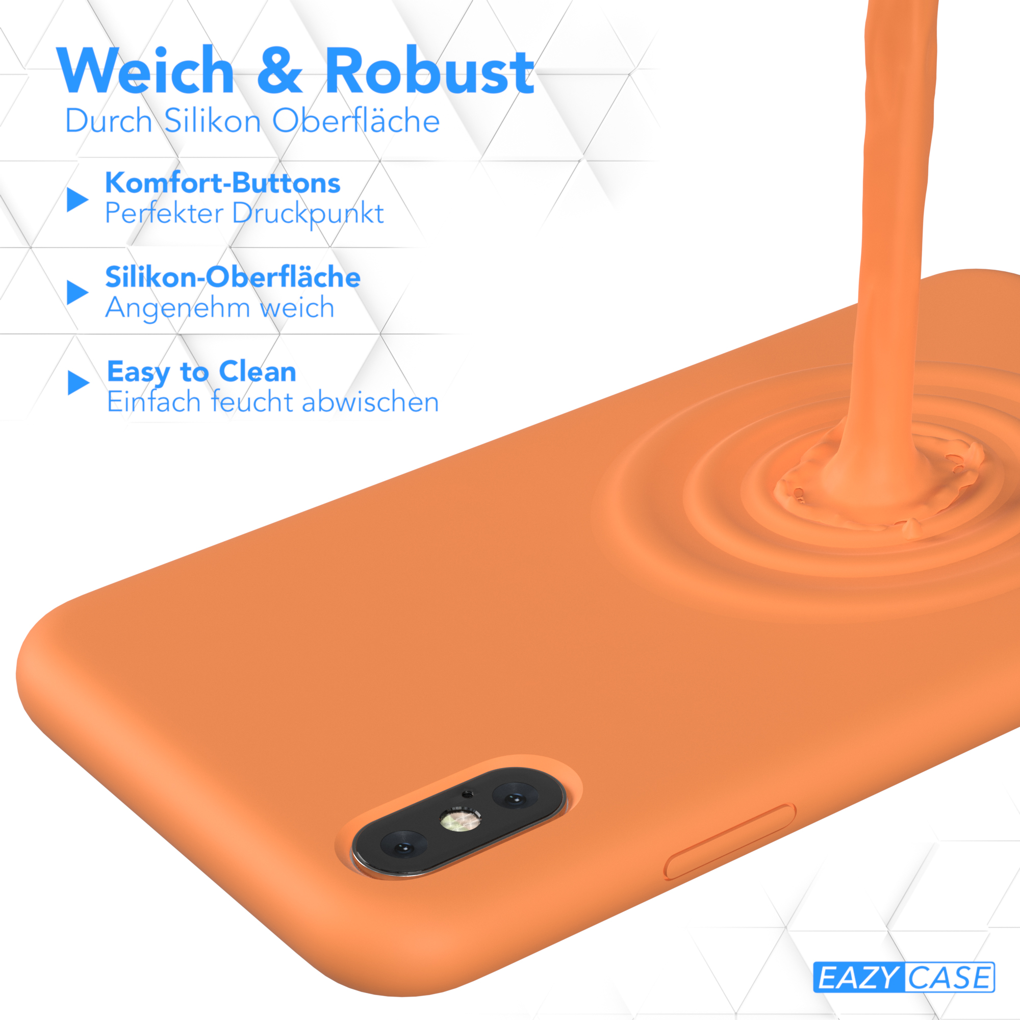 Orangefarbene Handyhülle mit Flüssigkeitsausguss. Text: Weich & Robust. Eazy Case Logo wird gezeigt.