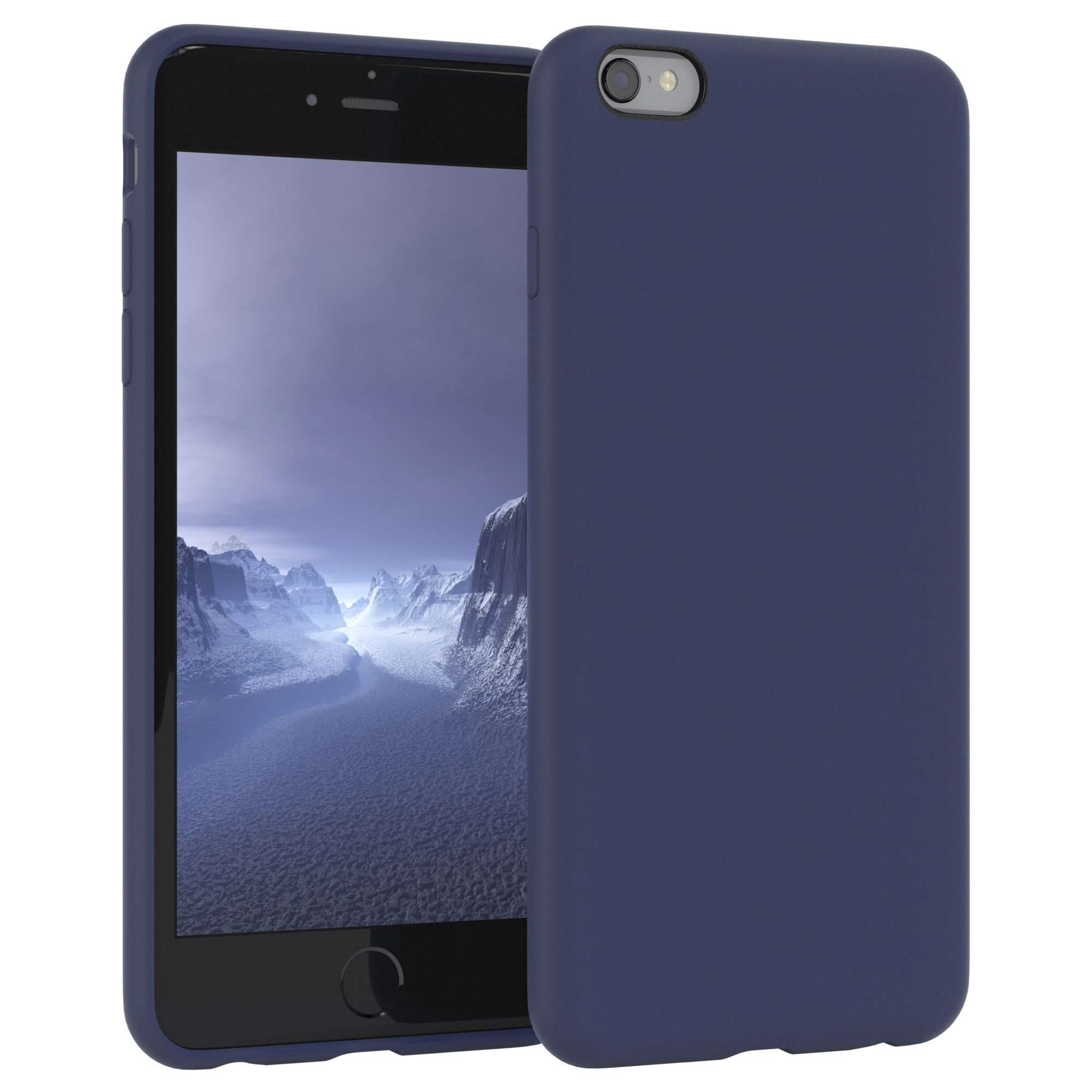 Dunkelblaue Handyhülle und ein Telefon. Das Telefon steht im Mittelpunkt.