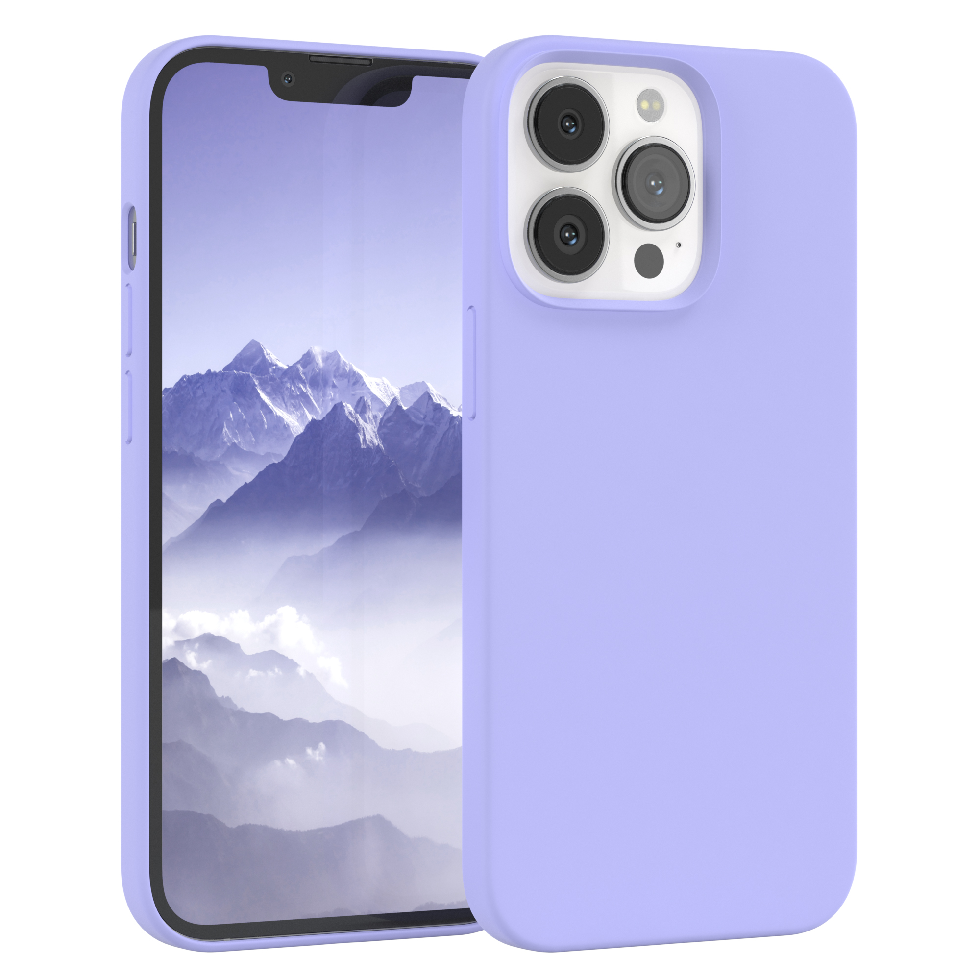 Lila Handyhülle mit einem Telefon, das eine Berglandschaft zeigt.