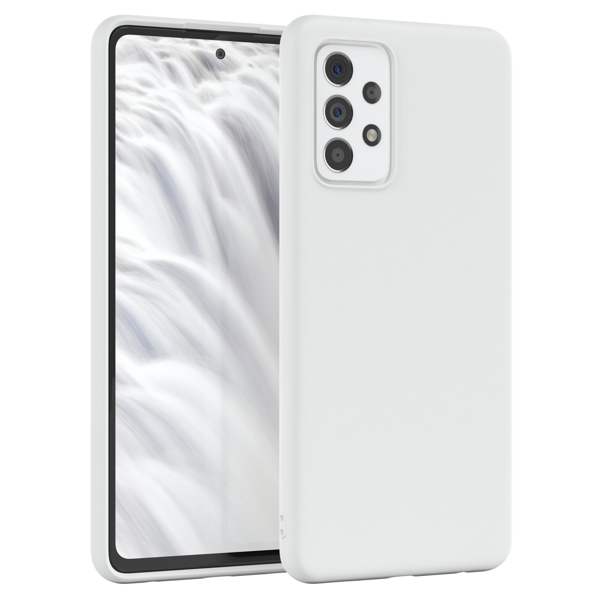 Eine weiße Handyhülle mit weißem Hintergrund, die ein Telefon hält.
