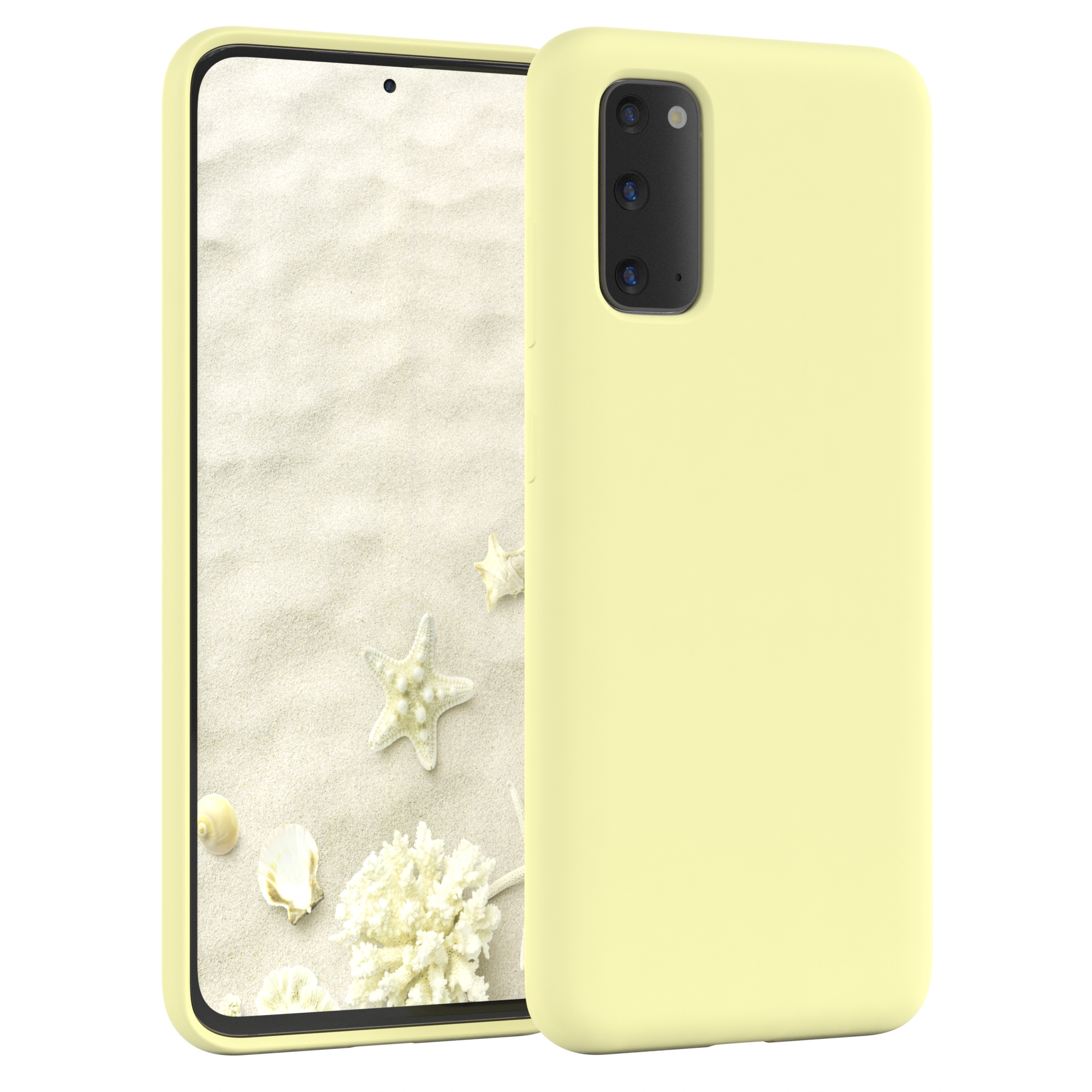 Gelbe Handyhülle mit Telefon darin. Strandszene auf dem Bildschirm.