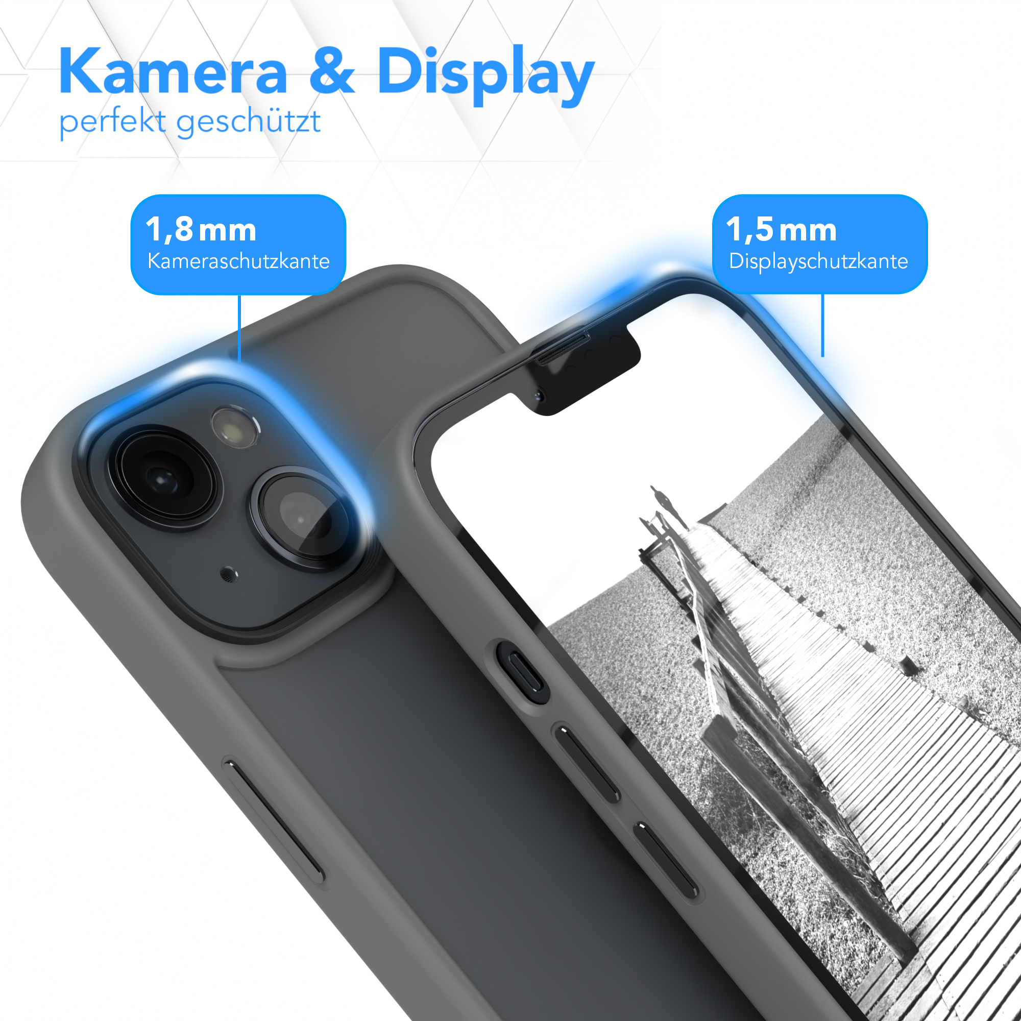 Nahaufnahme einer Handyhülle, die Kamera und Displayränder des Telefons schützt.