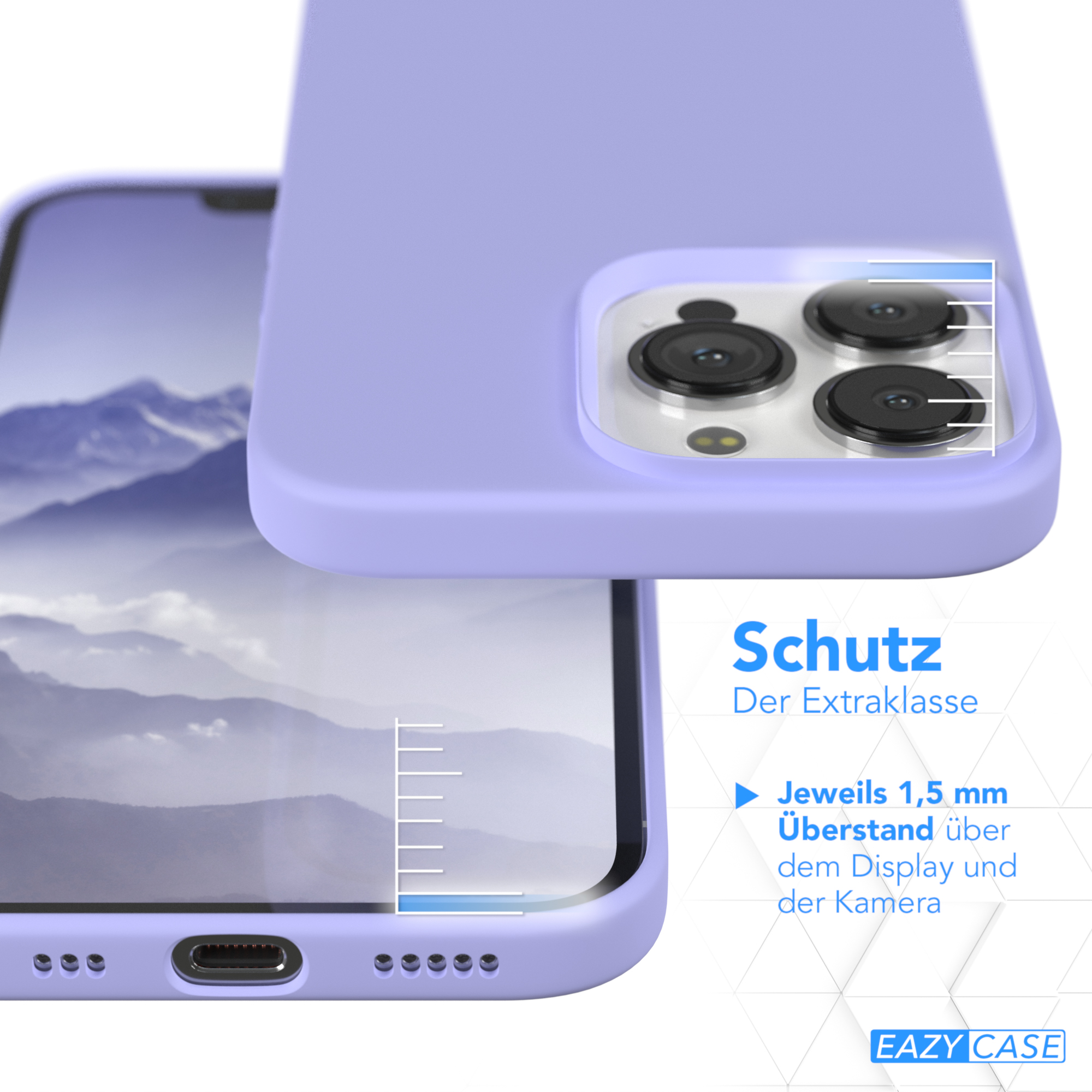 Eine lila Handyhülle mit einem Telefon darin, das die Kamera und erhöhte Kanten zeigt.