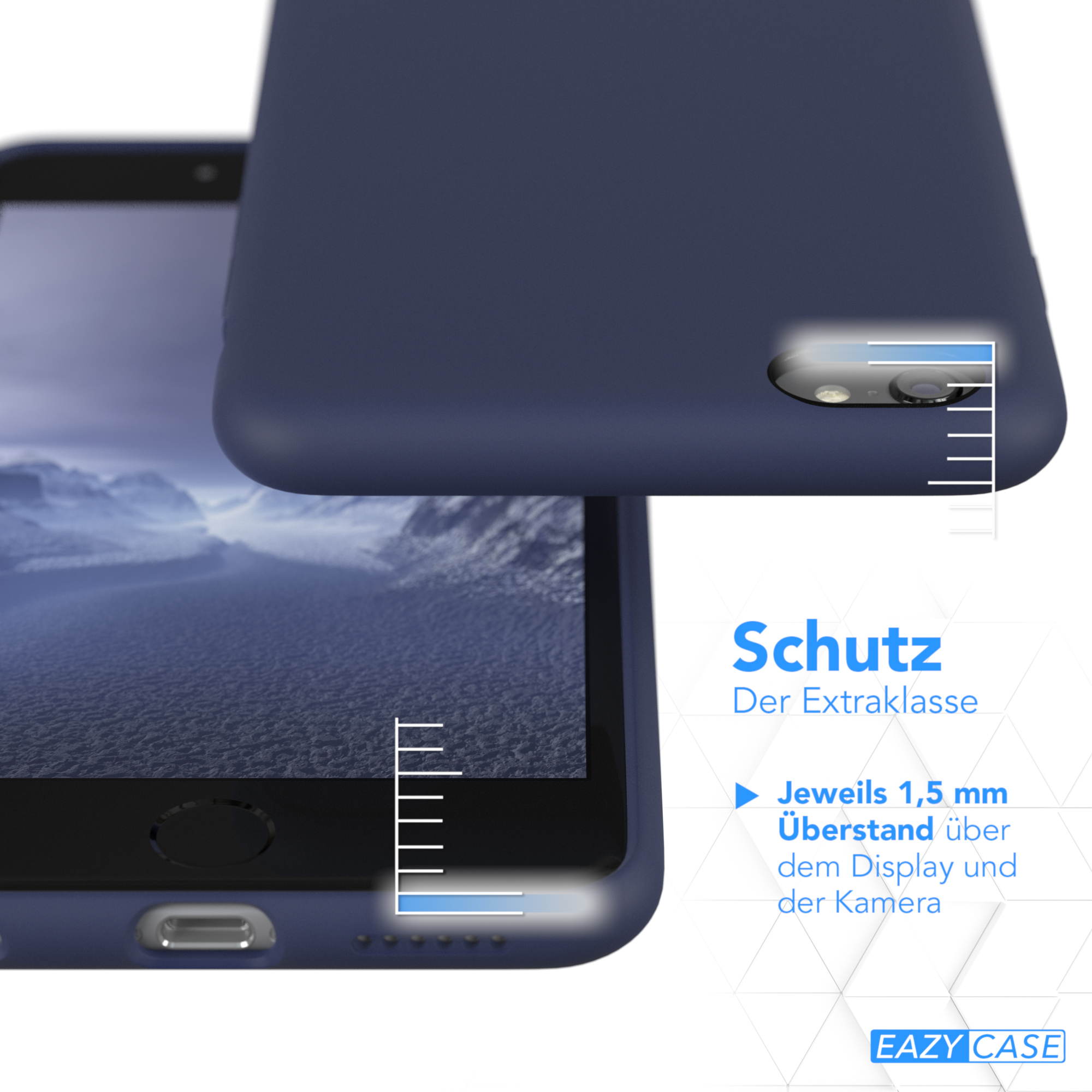 Nahaufnahme einer marineblauen Handyhülle mit Schutzdetails und Messmarkierungen.