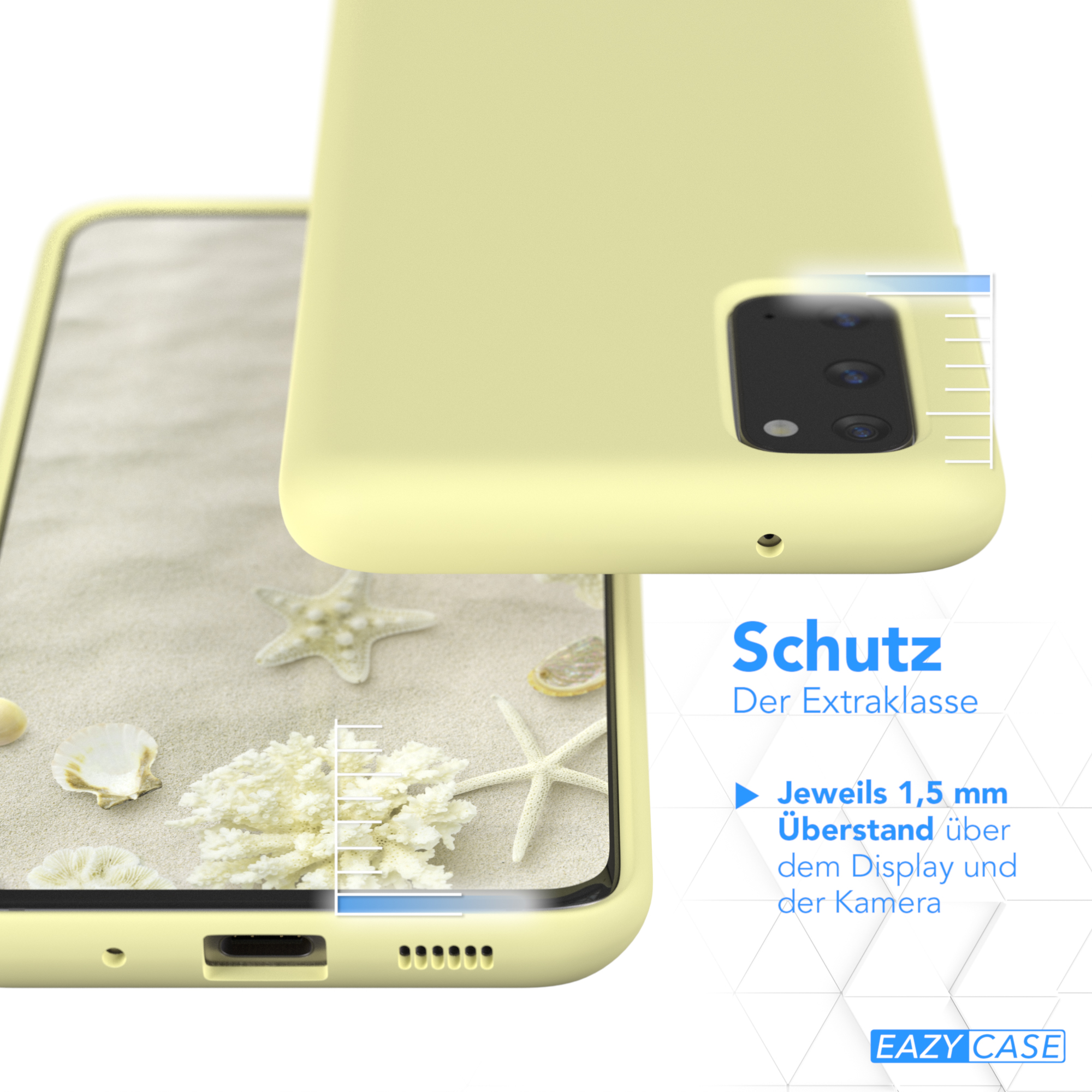 Eine gelbe Handyhülle mit einem Telefon darin, die Schutzdetails zeigt.