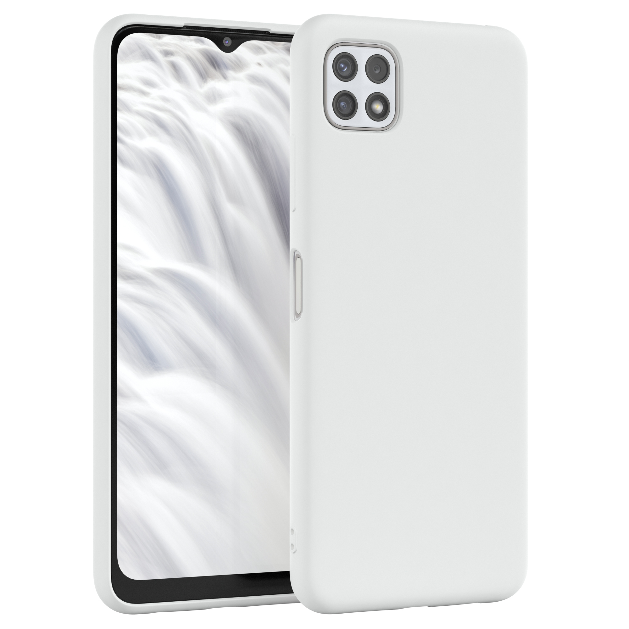 Weiße Handyhülle, offen, zeigt ein Telefon mit weißem Hintergrund auf dem Bildschirm.