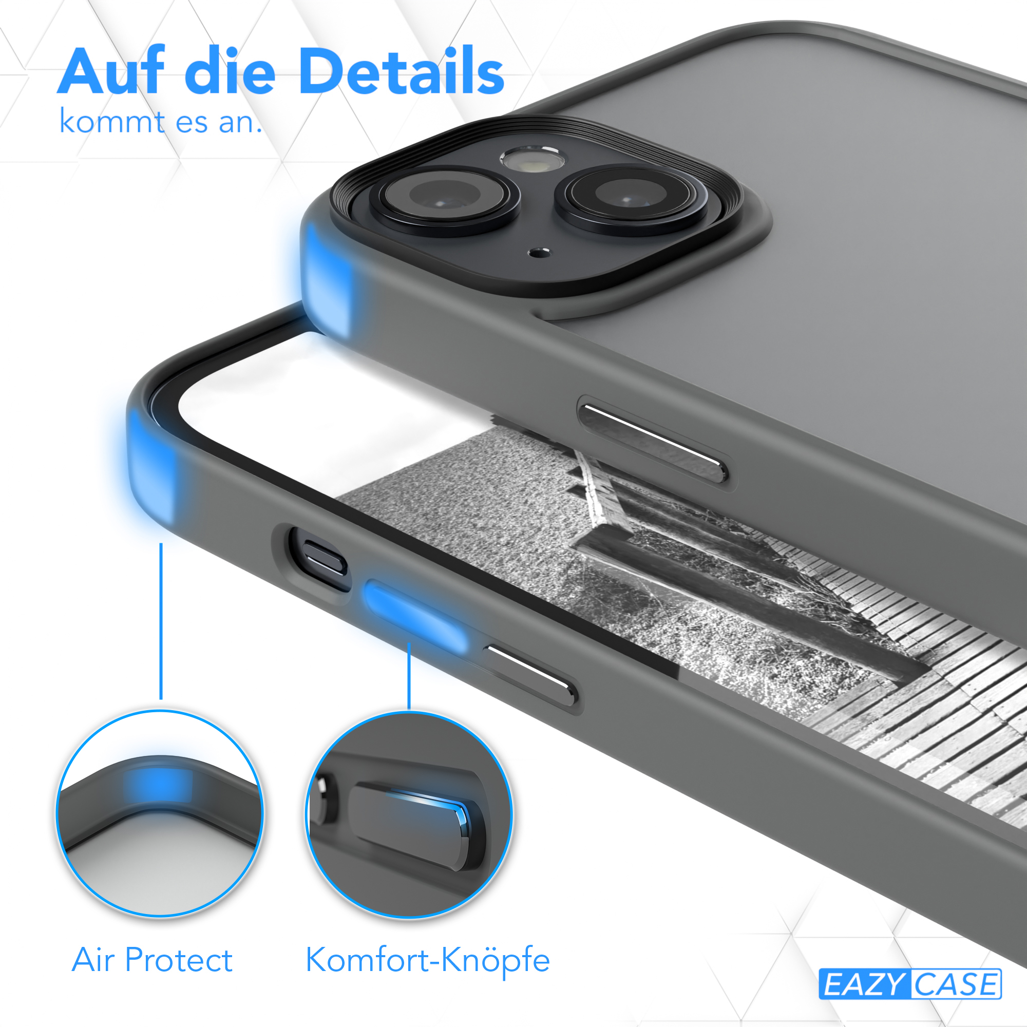 Nahaufnahme einer grauen Handyhülle. Text: Air Protect, Komfort-Knöpfe. Auf die Details.