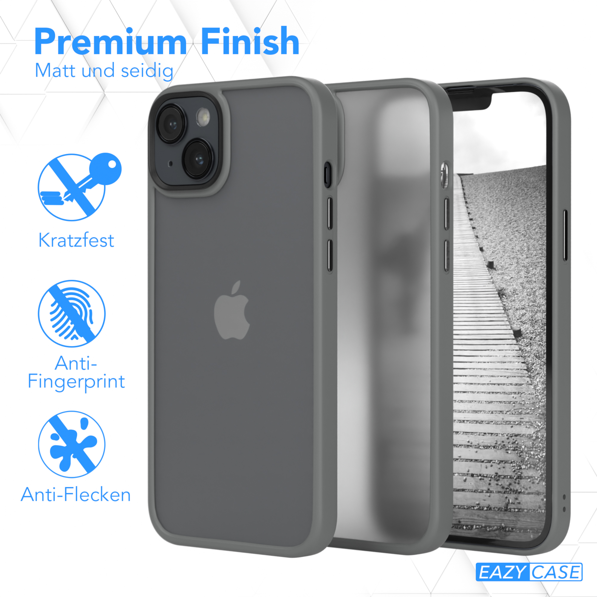Graue iPhone-Hülle, mit weißem Apple-Logo. Kratzfest und Anti-Fingerprint.