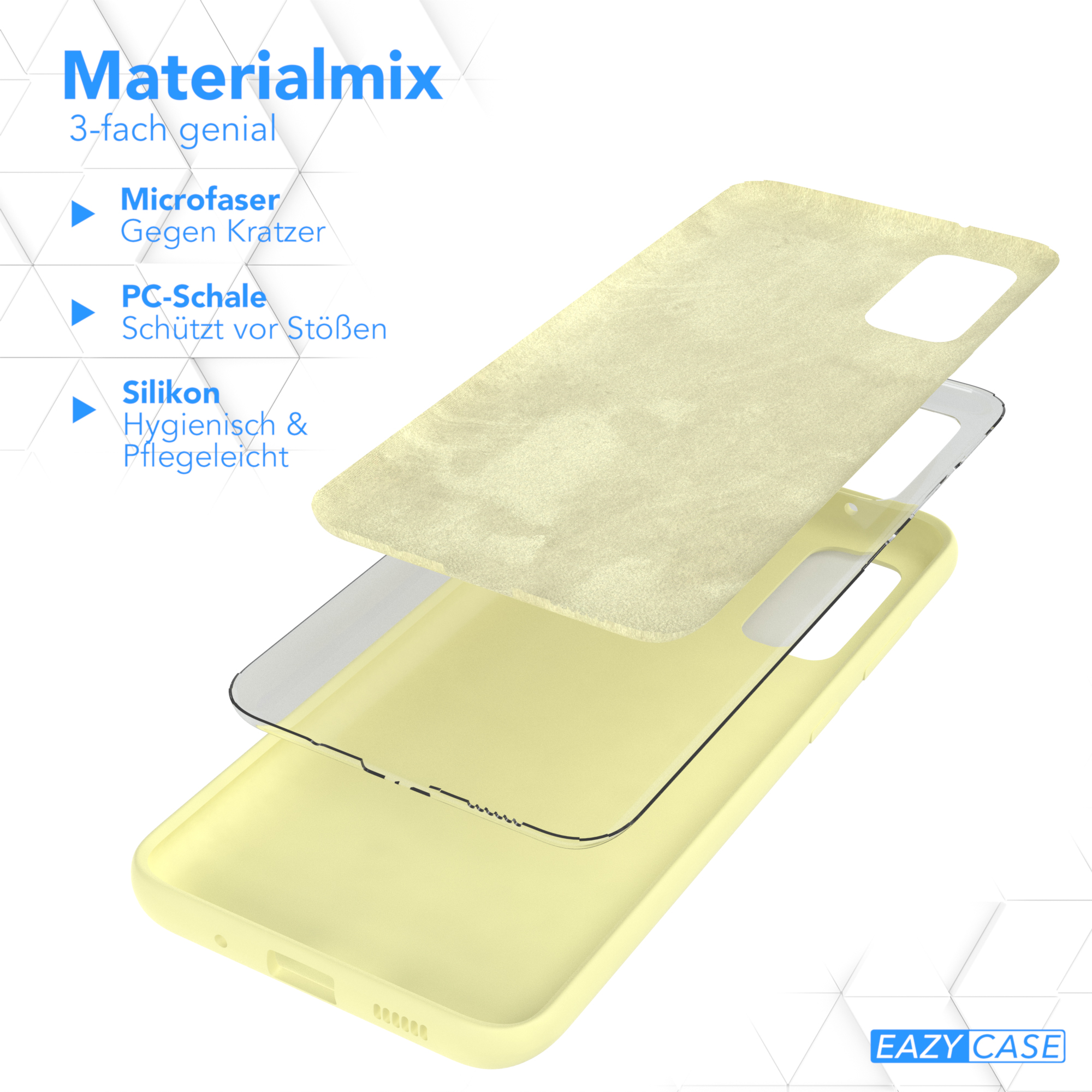 Handyhüllen-Schichten: Mikrofaser, PC-Schale und Silikon. Text: Materialmix, Mikrofaser, PC-Schale, Silikon.