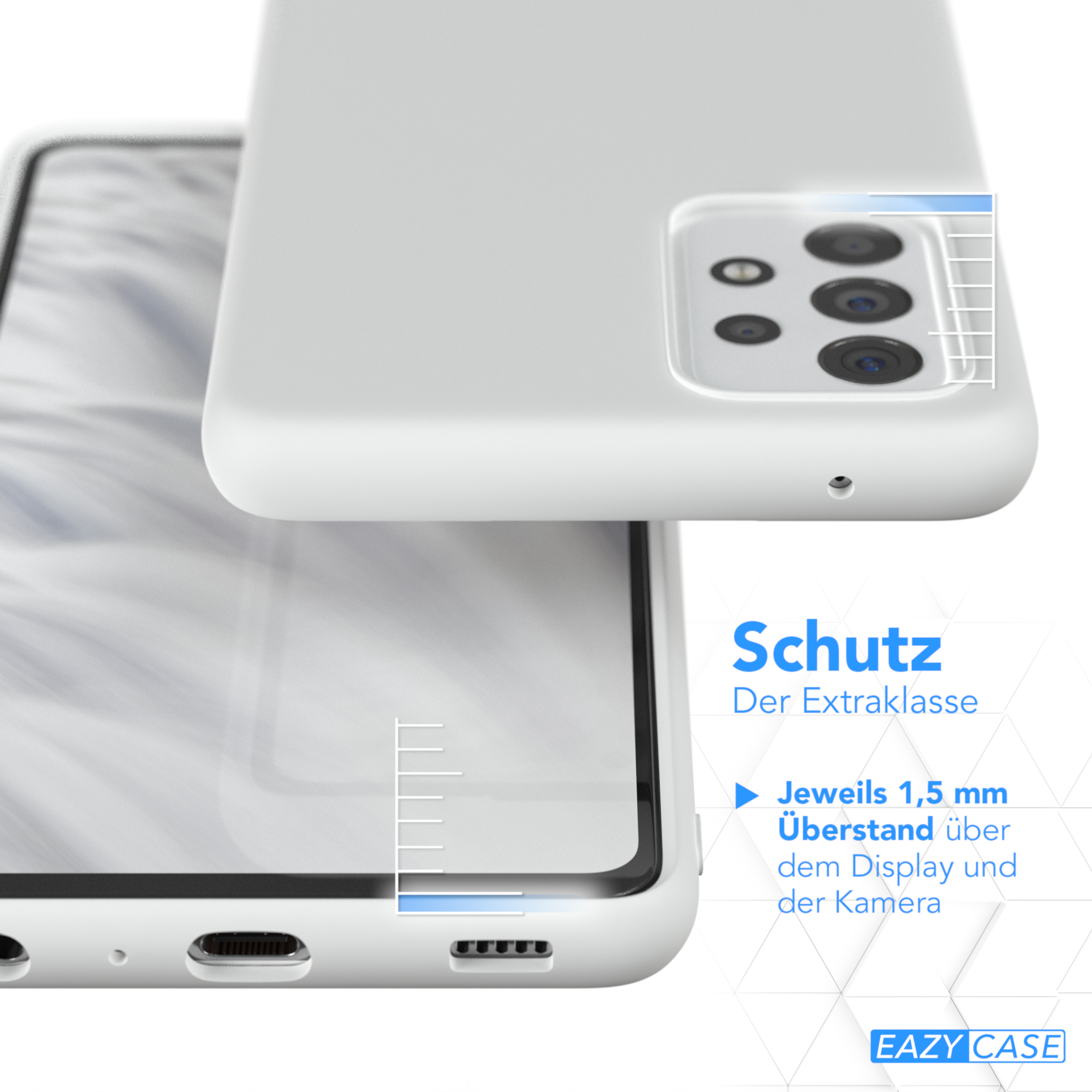 Weißes Handycase, Telefon darin. Text über Display- und Kameraschutz.