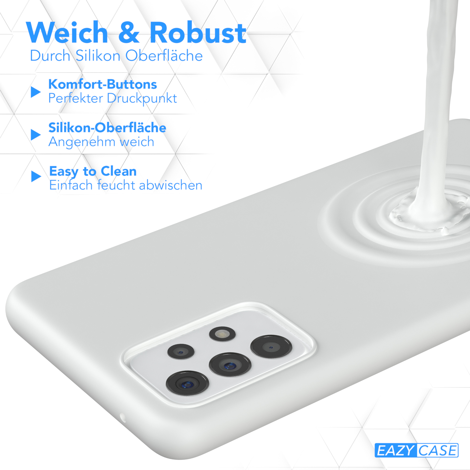 Nahaufnahme einer weißen Handyhülle mit Kameraausschnitten. Wasser wird auf die Hülle gegossen. Text: 'Weich & Robust'.