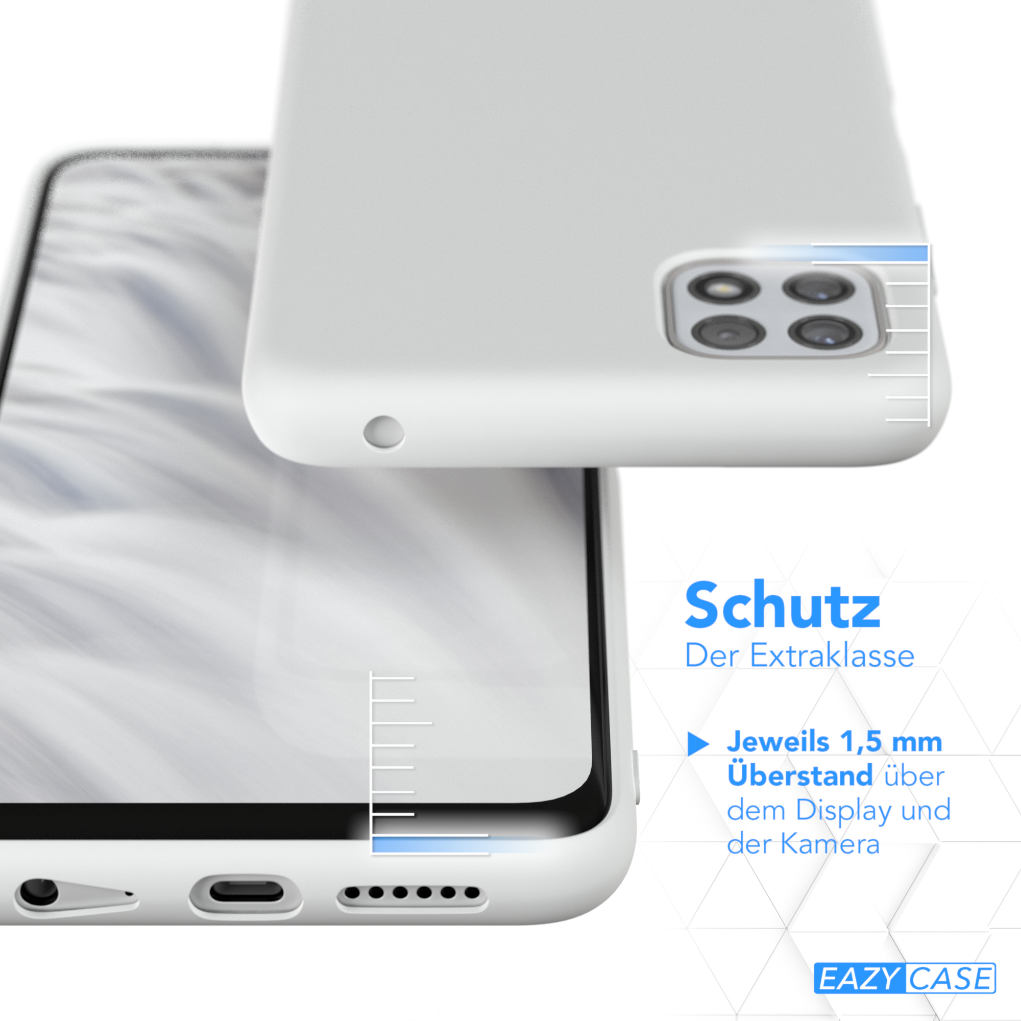 Weiße Handyhülle und Handy. Die Hülle bedeckt das Handy. Das Handy ist weiß. Der Hintergrund ist weiß.