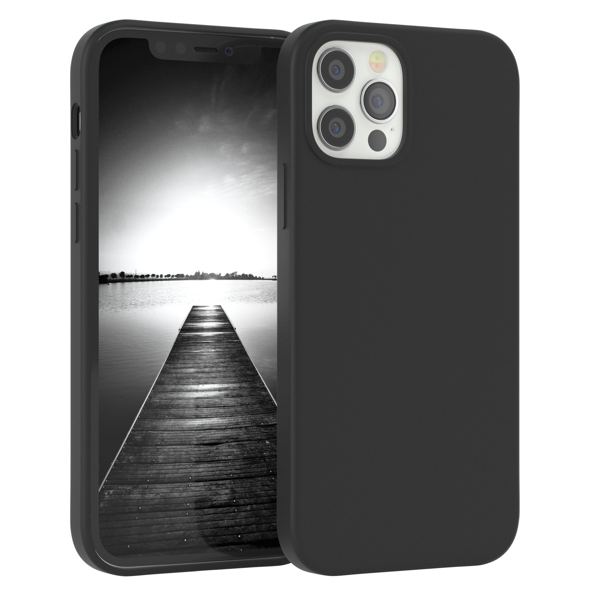 Schwarzes Telefon mit schwarzer Hülle. Auf dem Display ist ein Steg über dem Wasser zu sehen. Der Hintergrund ist ein Graustufenbild.