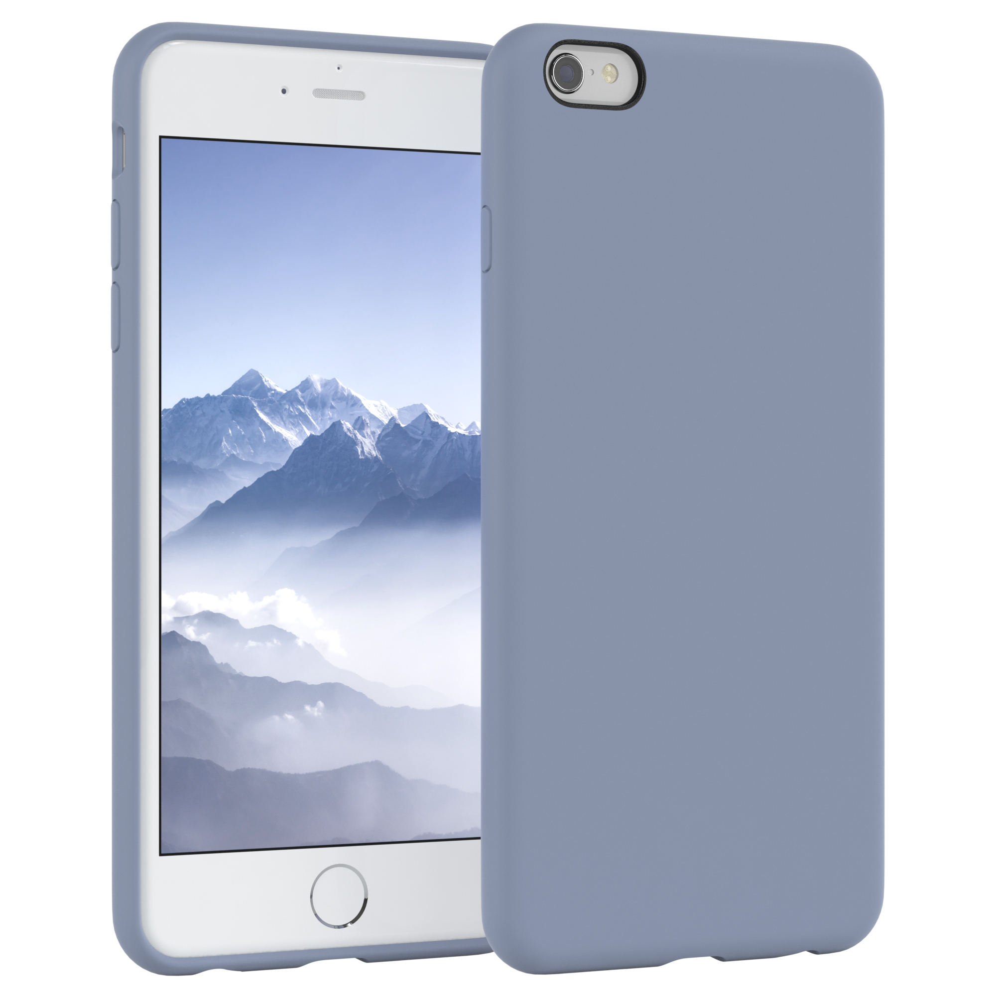 Blaue Handyhülle mit einem Telefon, das Berge und Himmel zeigt.