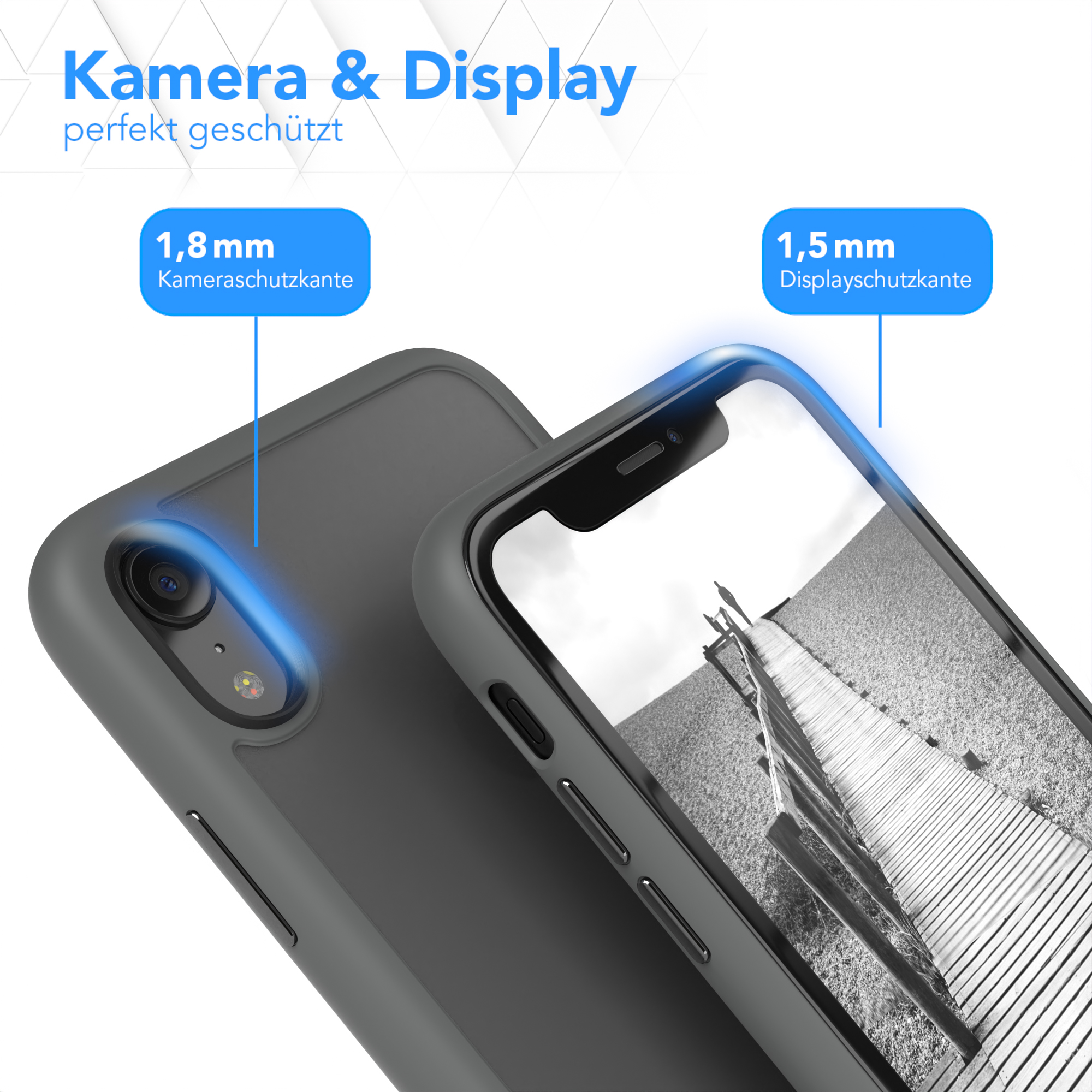 Handyhülle schützt Kamera und Display. Die Hülle ist dunkelgrau.