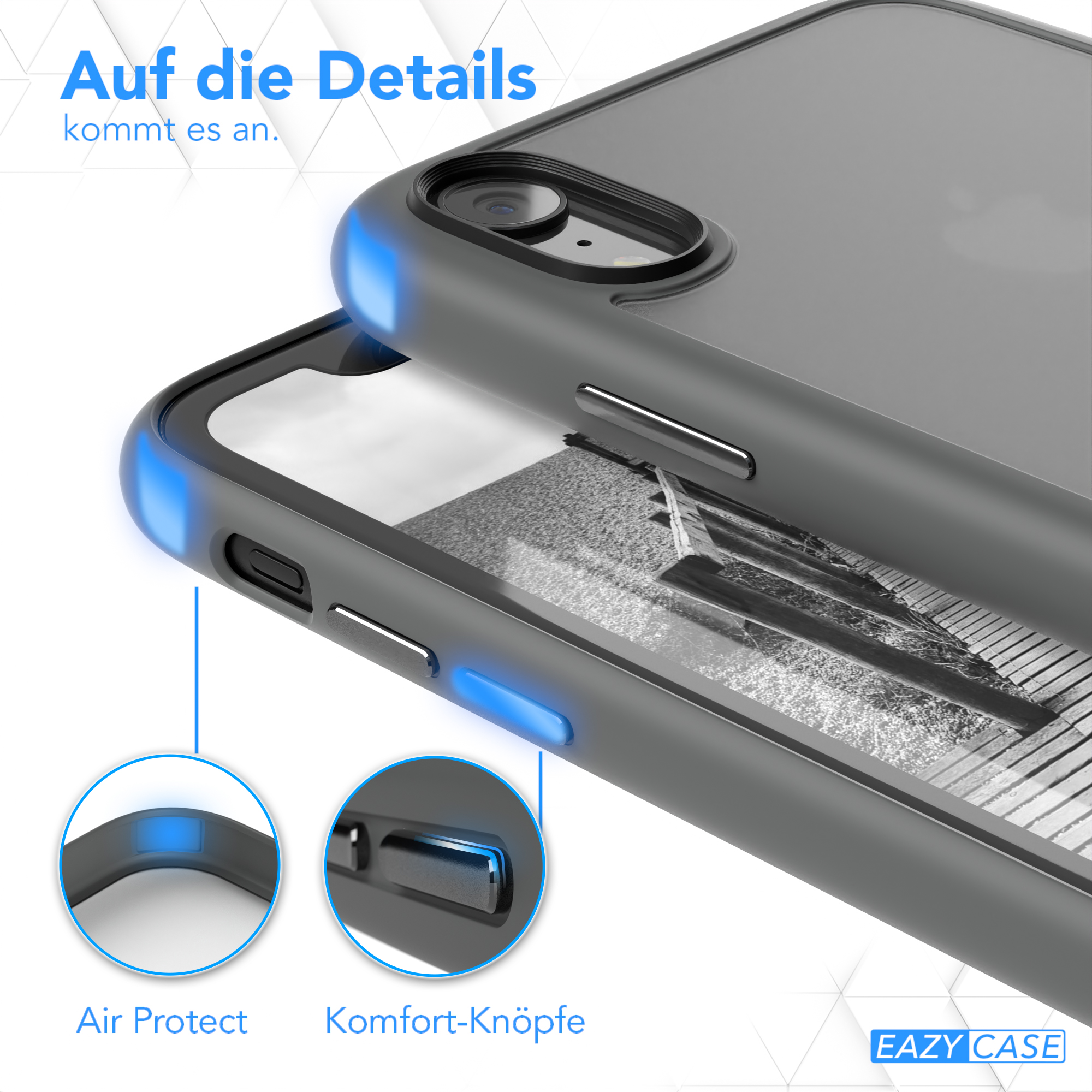 Handyhülle mit Eigenschaften: Luftschutz, Knöpfe. Schwarz mit blauen Akzenten. Produktname in der Ecke.