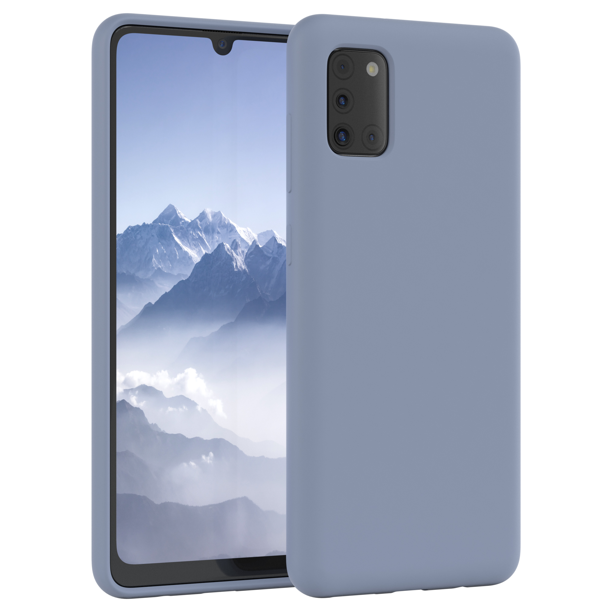 Blaue Handyhülle mit einem Telefon, das ein Berg-Bild zeigt, auf weißem Hintergrund.
