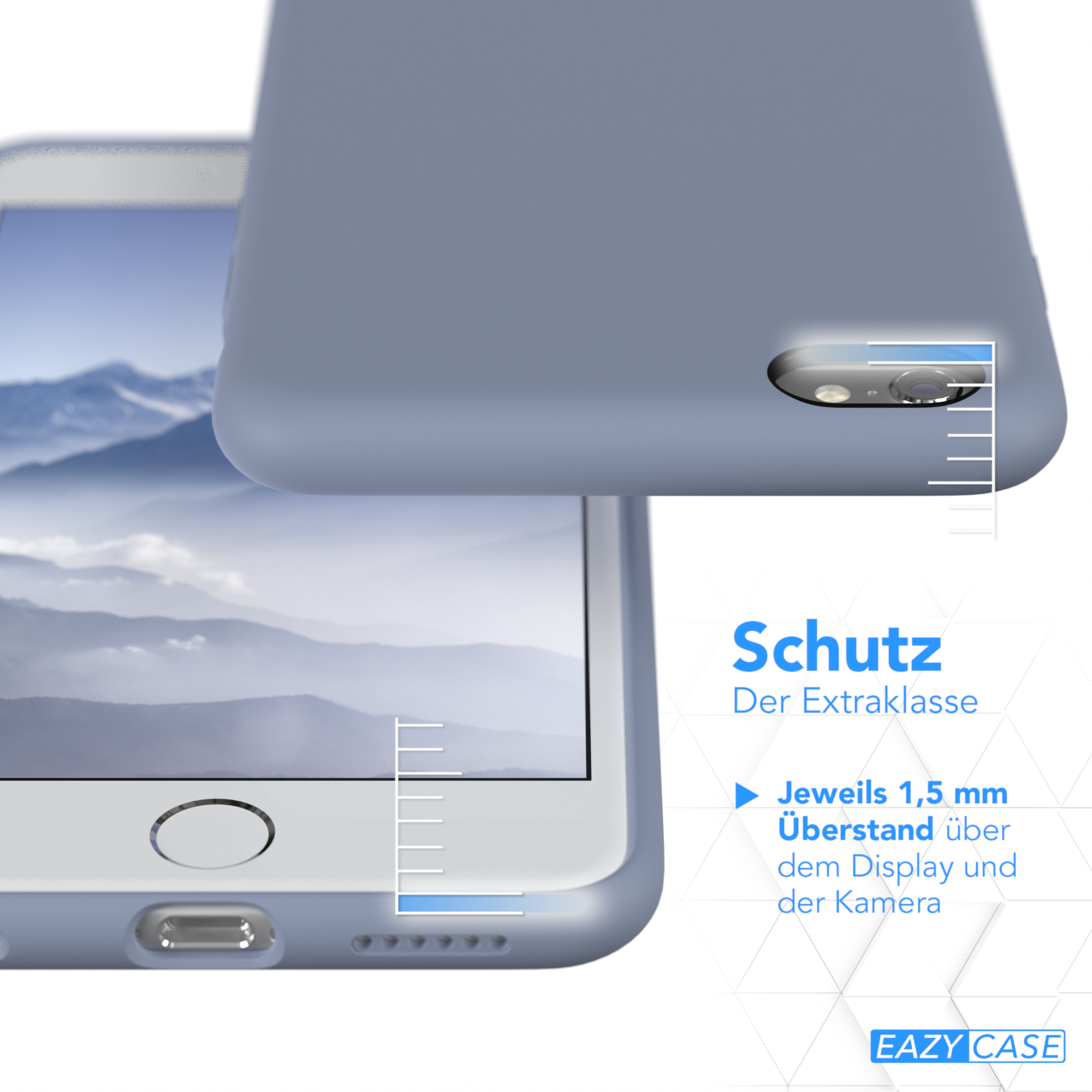 Blaue Handyhülle, die den Rand des Telefons zeigt, mit Berg-Hintergrund.