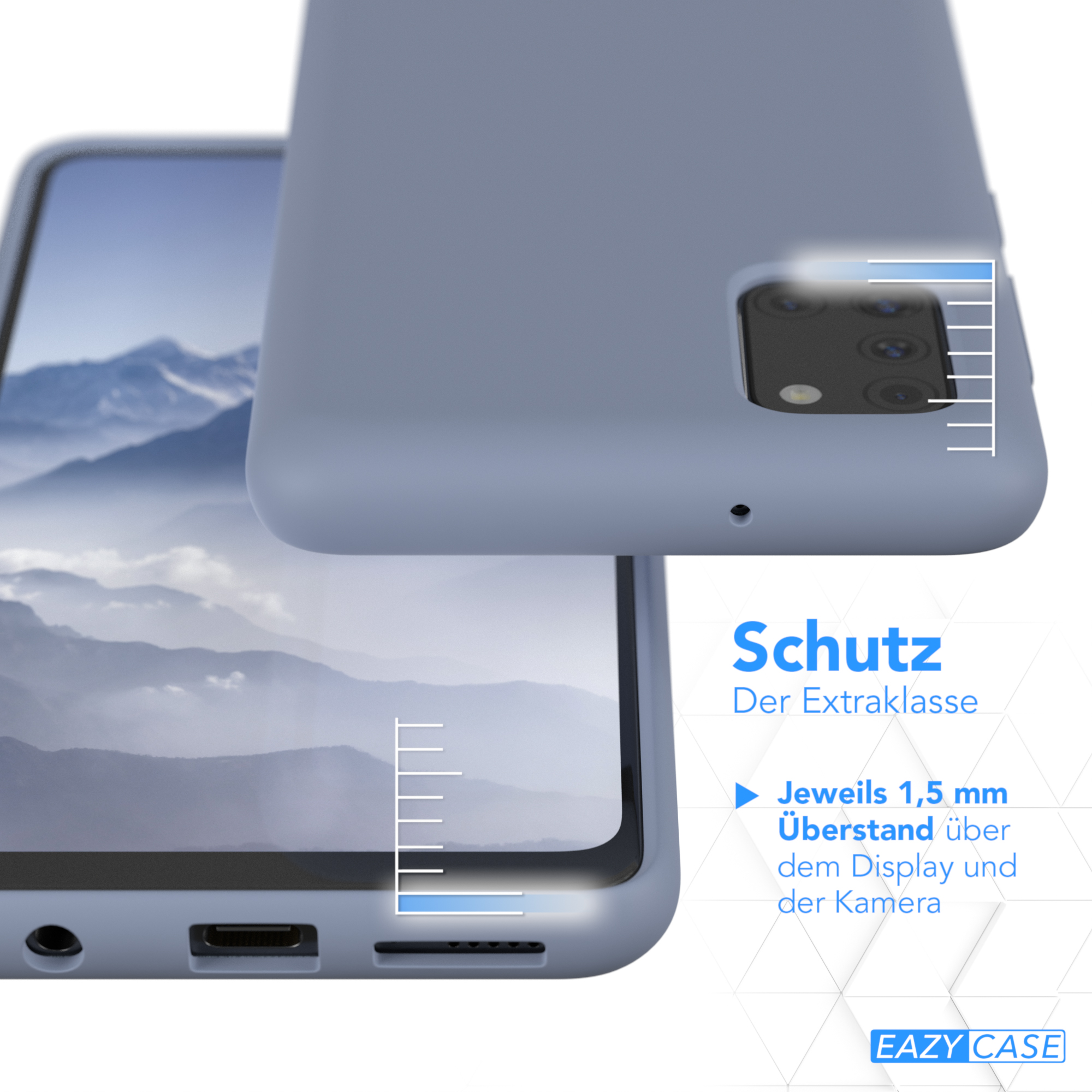 Zwei Telefone, blaue Hülle, die Schutz zeigt. Die Hülle hat einen 1,5 mm Überlappung über Display und Kamera.