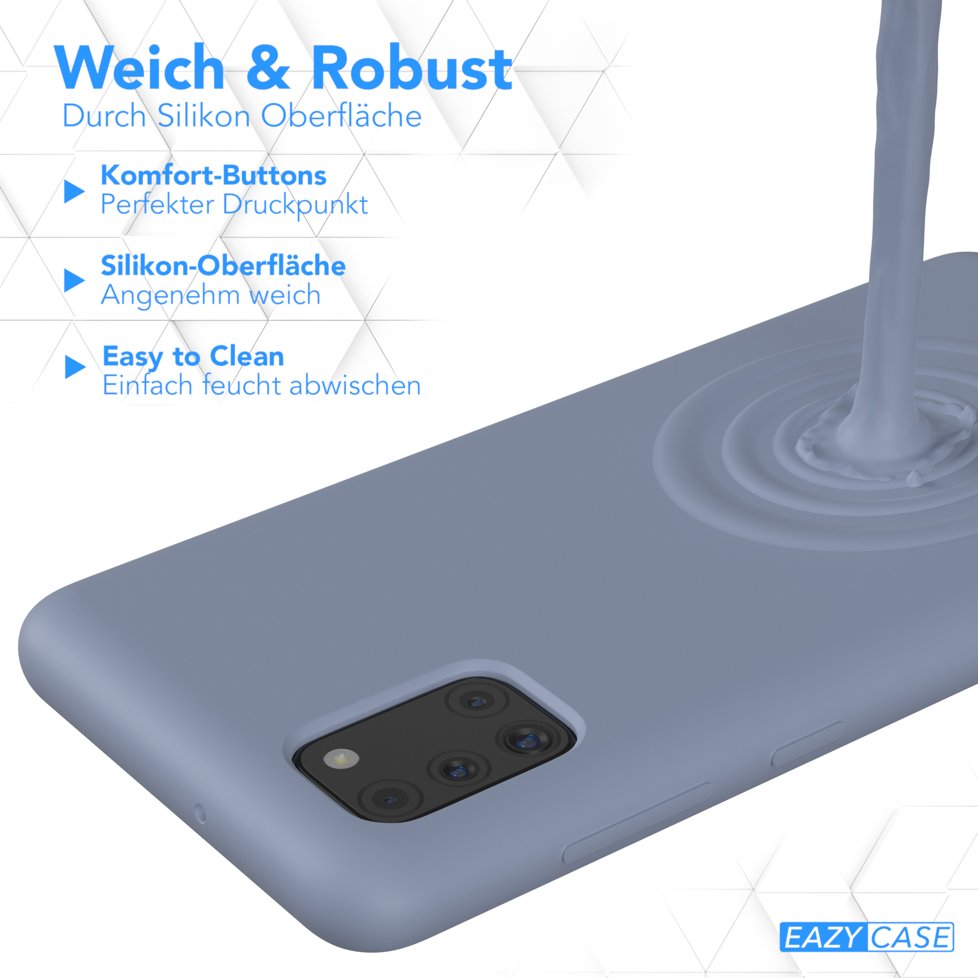 Blaue Handyhülle mit Flüssigkeit, die darauf gegossen wird. Text: Weich & Robust. Silikonoberfläche.