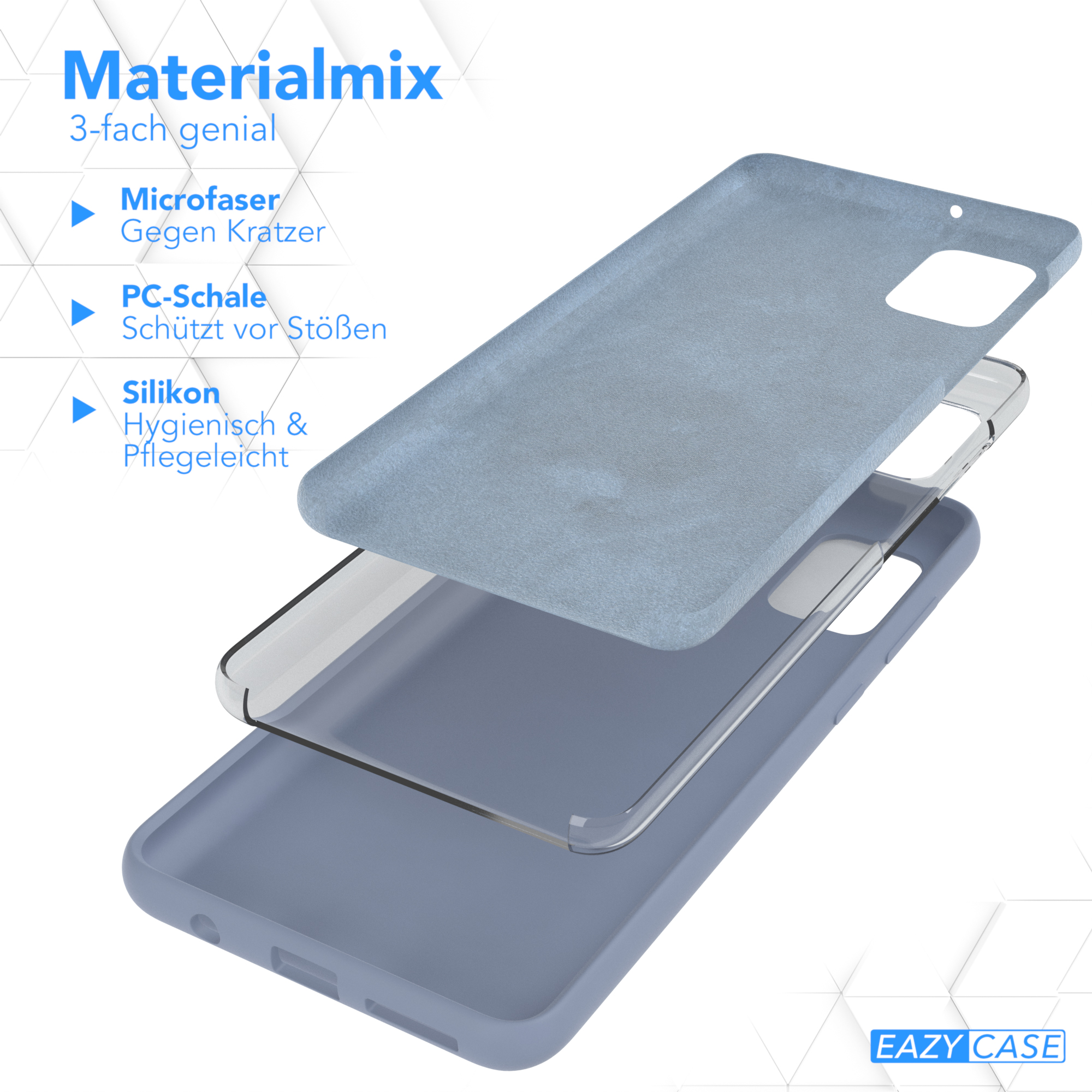 Blaue Handyhülle-Schichten: Mikrofaser, PC-Schale und Silikon.