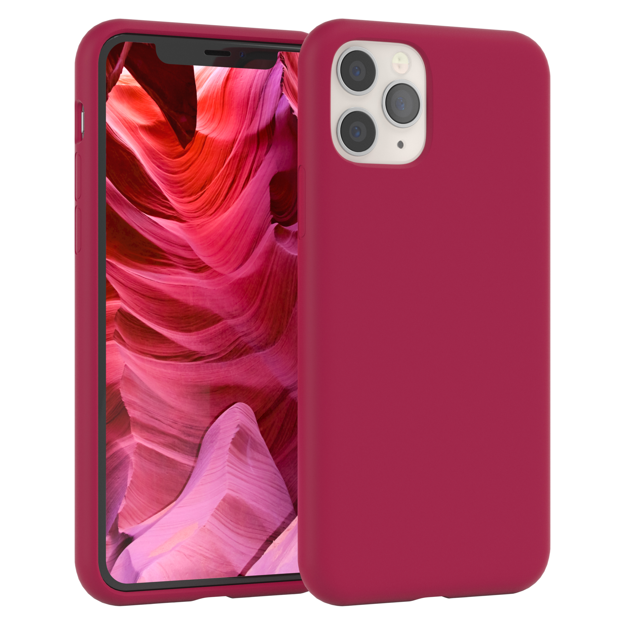 Rote Handyhülle mit Telefon. Weißer Hintergrund.