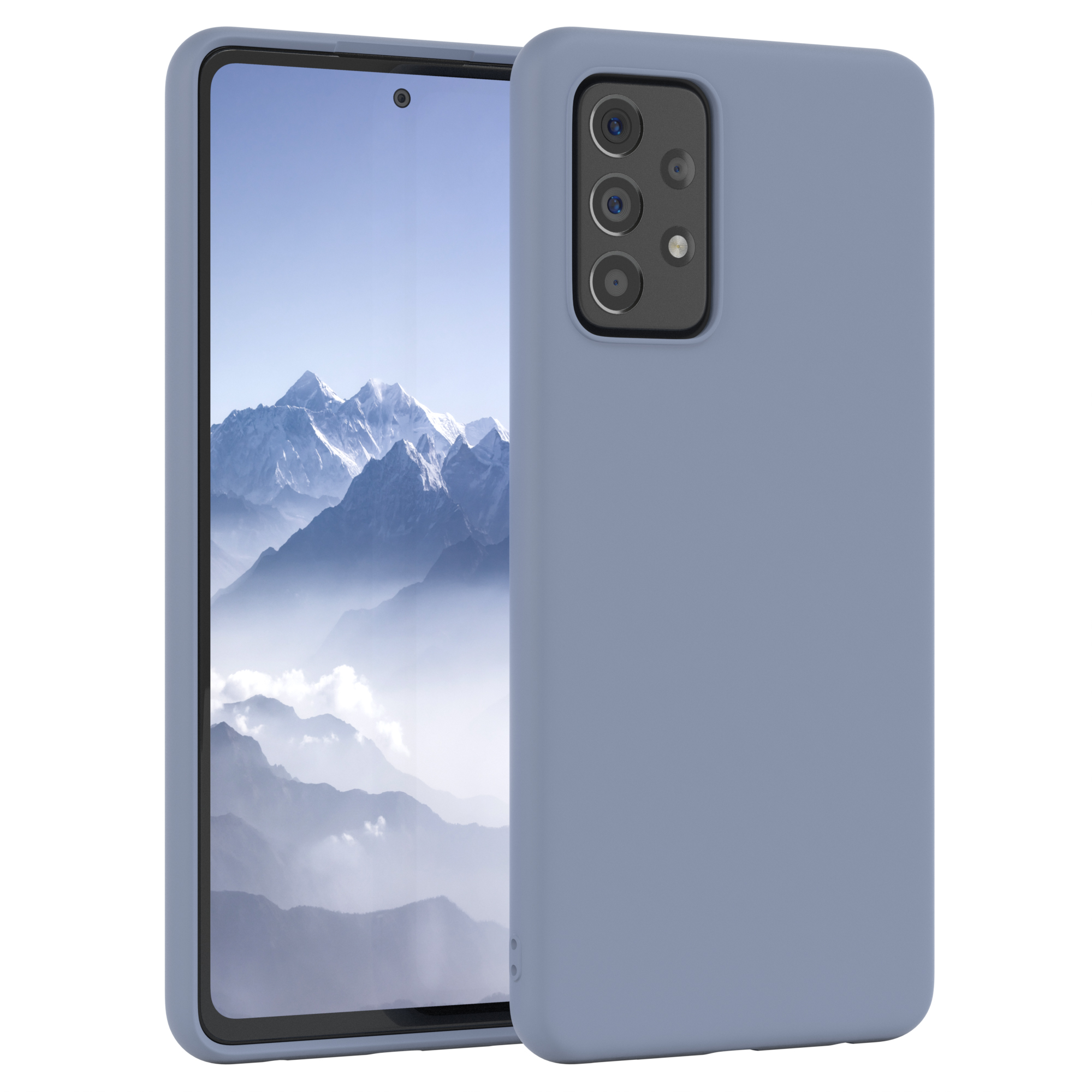 Blaue Handyhülle mit Handy. Auf dem Bildschirm des Telefons wird eine Berglandschaft angezeigt.