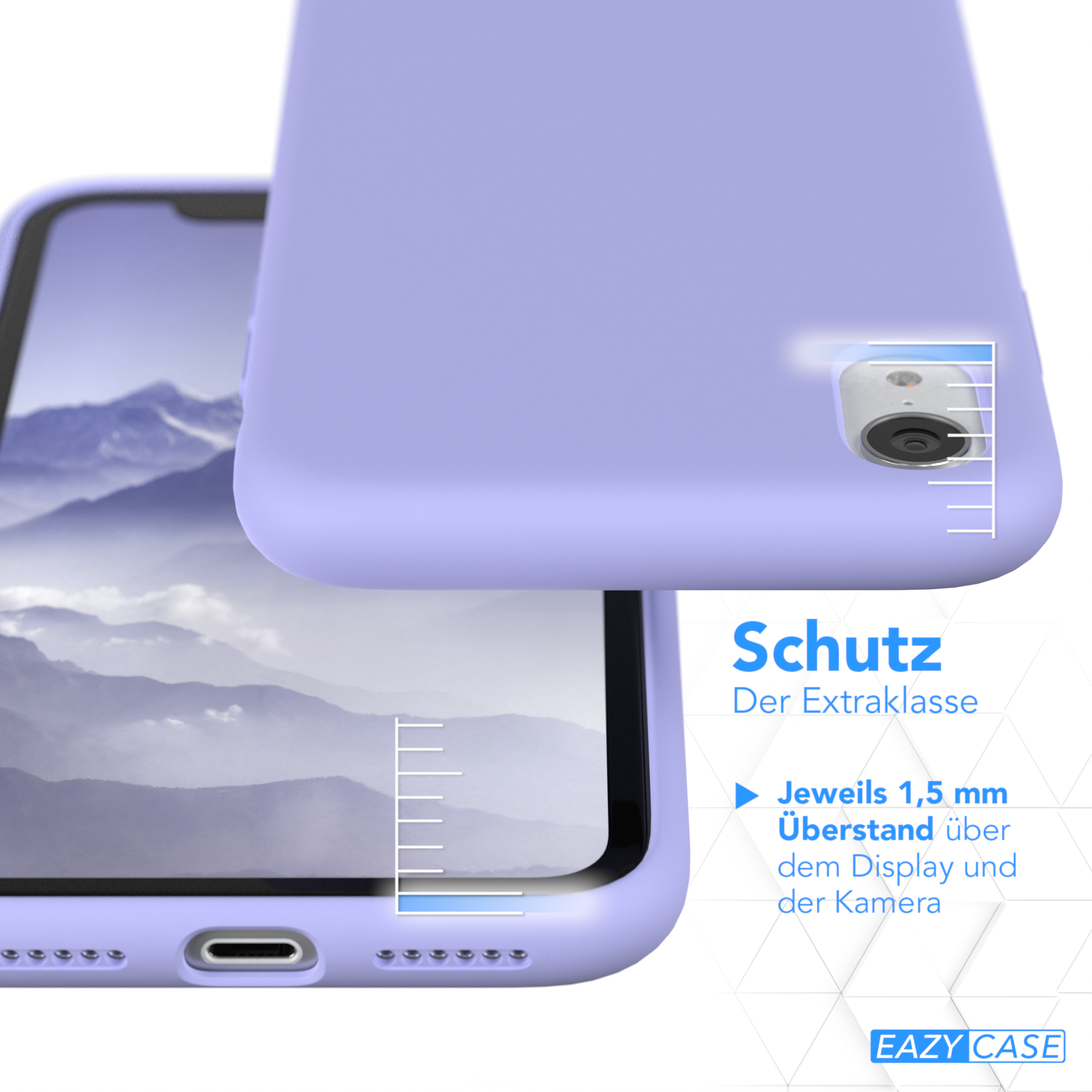Ein Telefon in einer lila Hülle. Die Hülle ist geöffnet und geschlossen dargestellt.