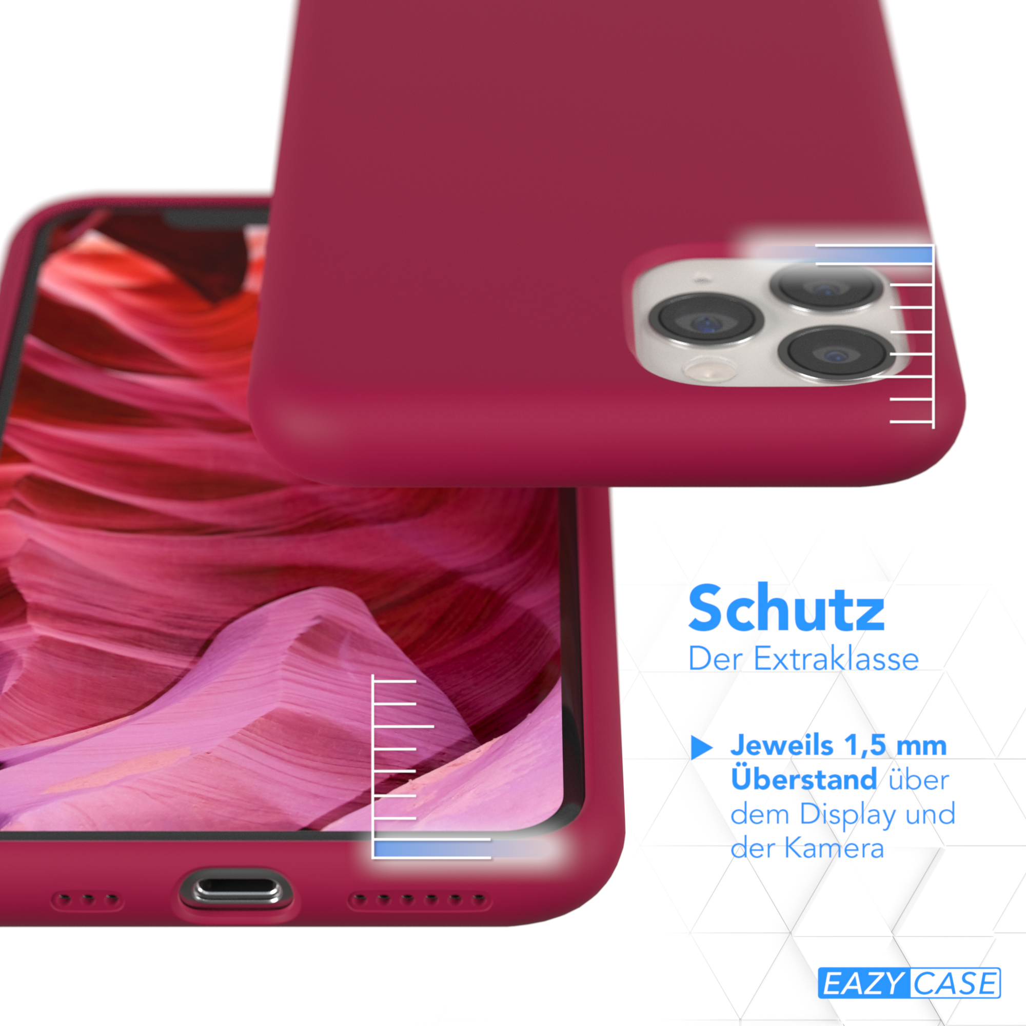 Handyhülle mit rosa Szene. Text: 'Schutz Der Extraklasse'. Nahaufnahme.