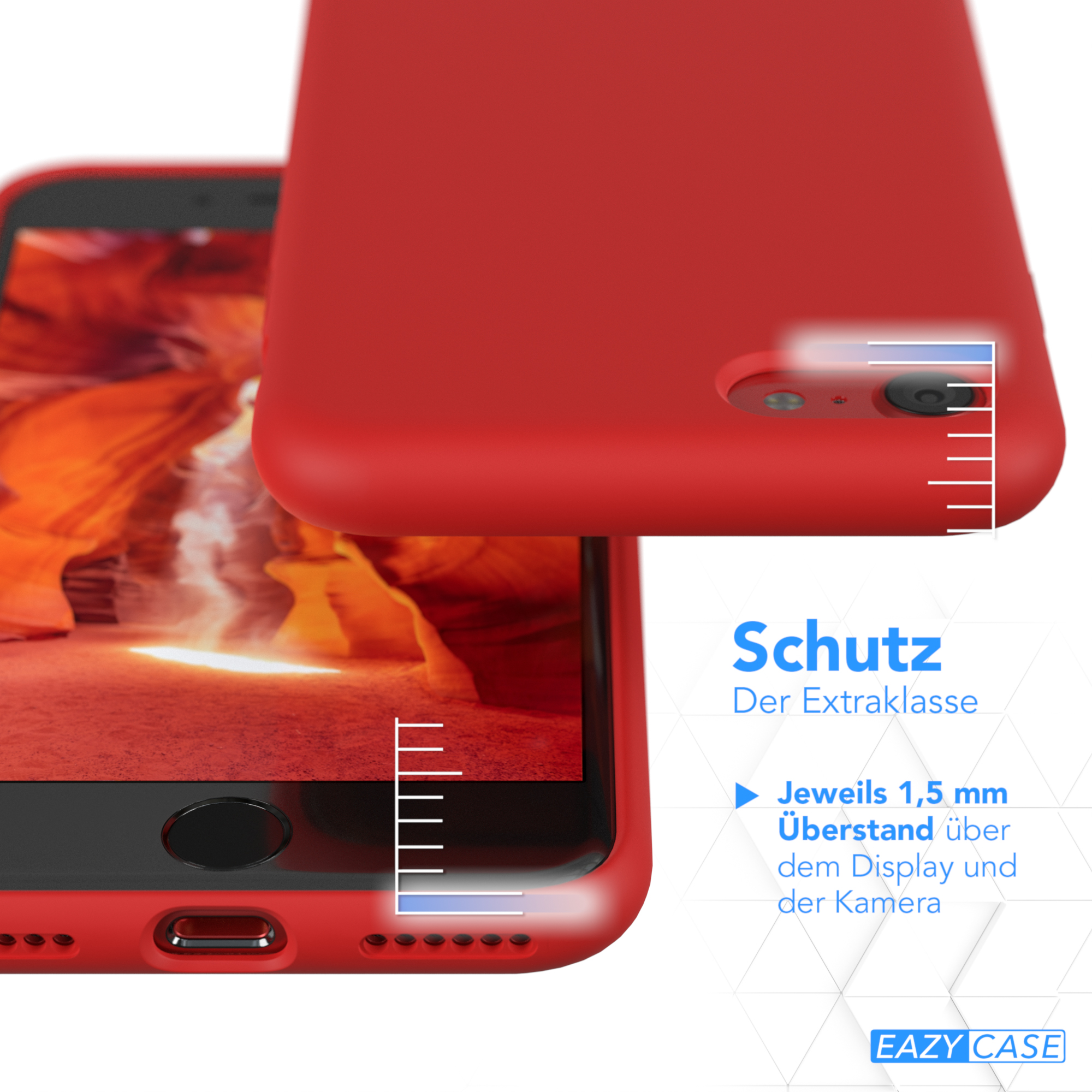 Rote Handyhülle mit Telefon, zeigt Display- und Kameraschutz.