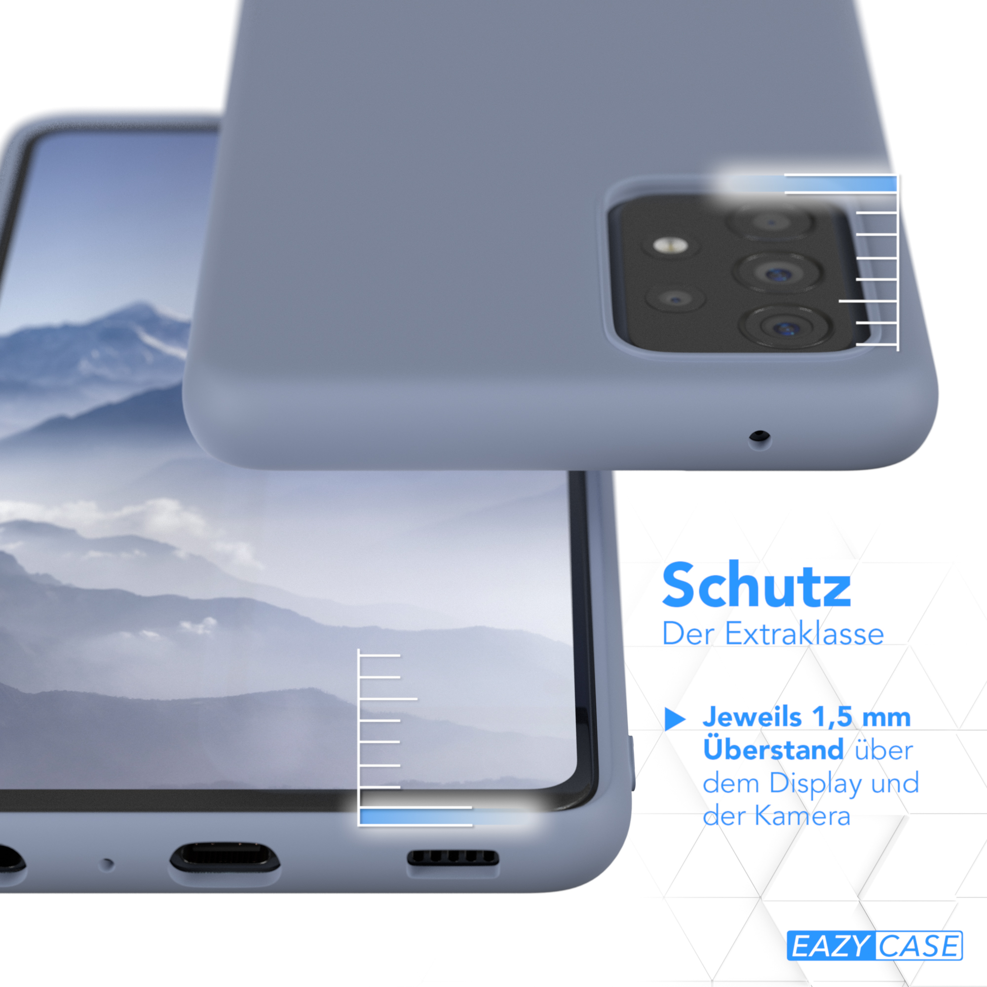 Eine blaue Handyhülle. Die Hülle liegt auf einer Oberfläche. Text weist auf Schutzfunktionen hin.