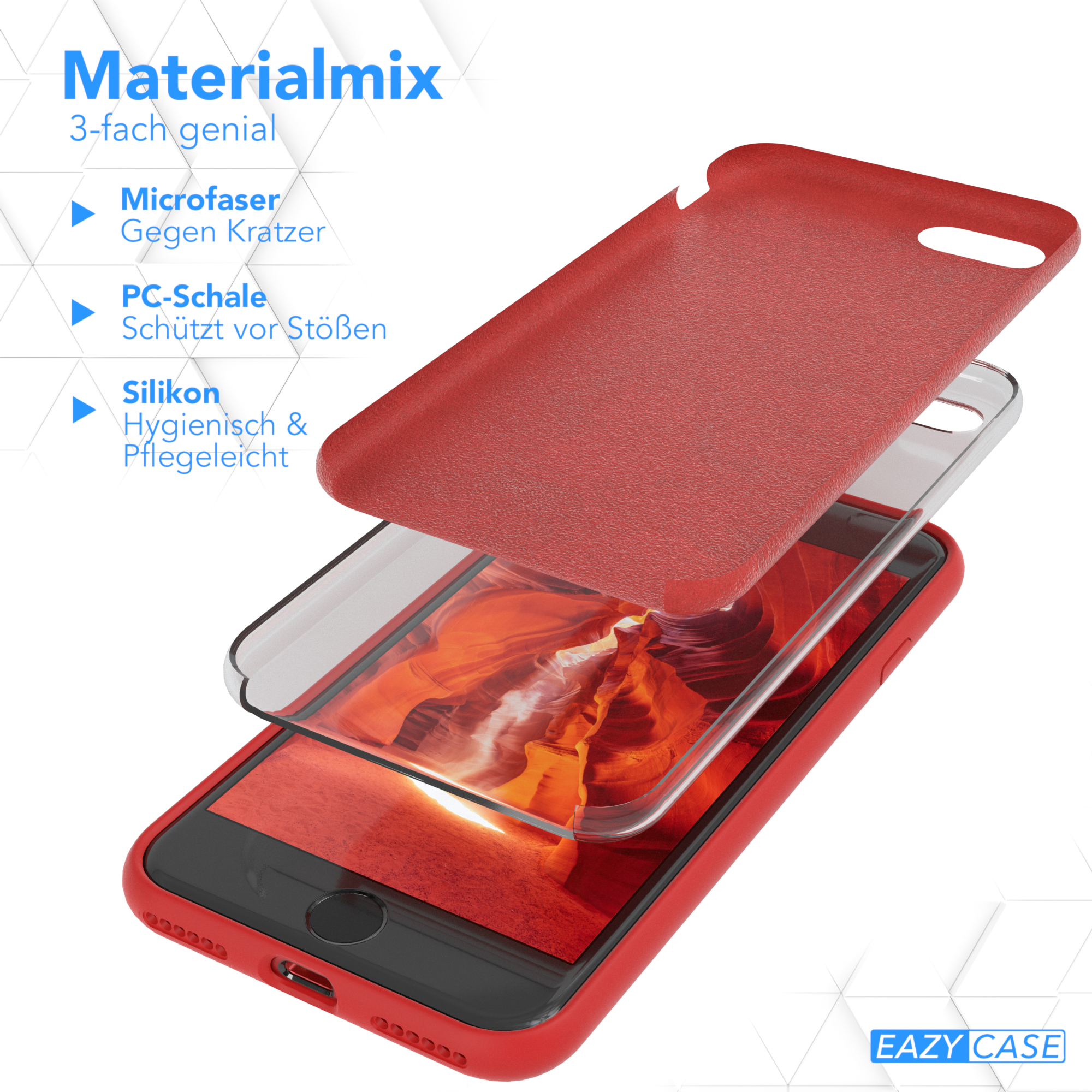 Explosionszeichnung einer roten Handyhülle. Schichten: Mikrofaser, PC-Schale und Silikon. Texte: Materialmix, 3-fach genial.