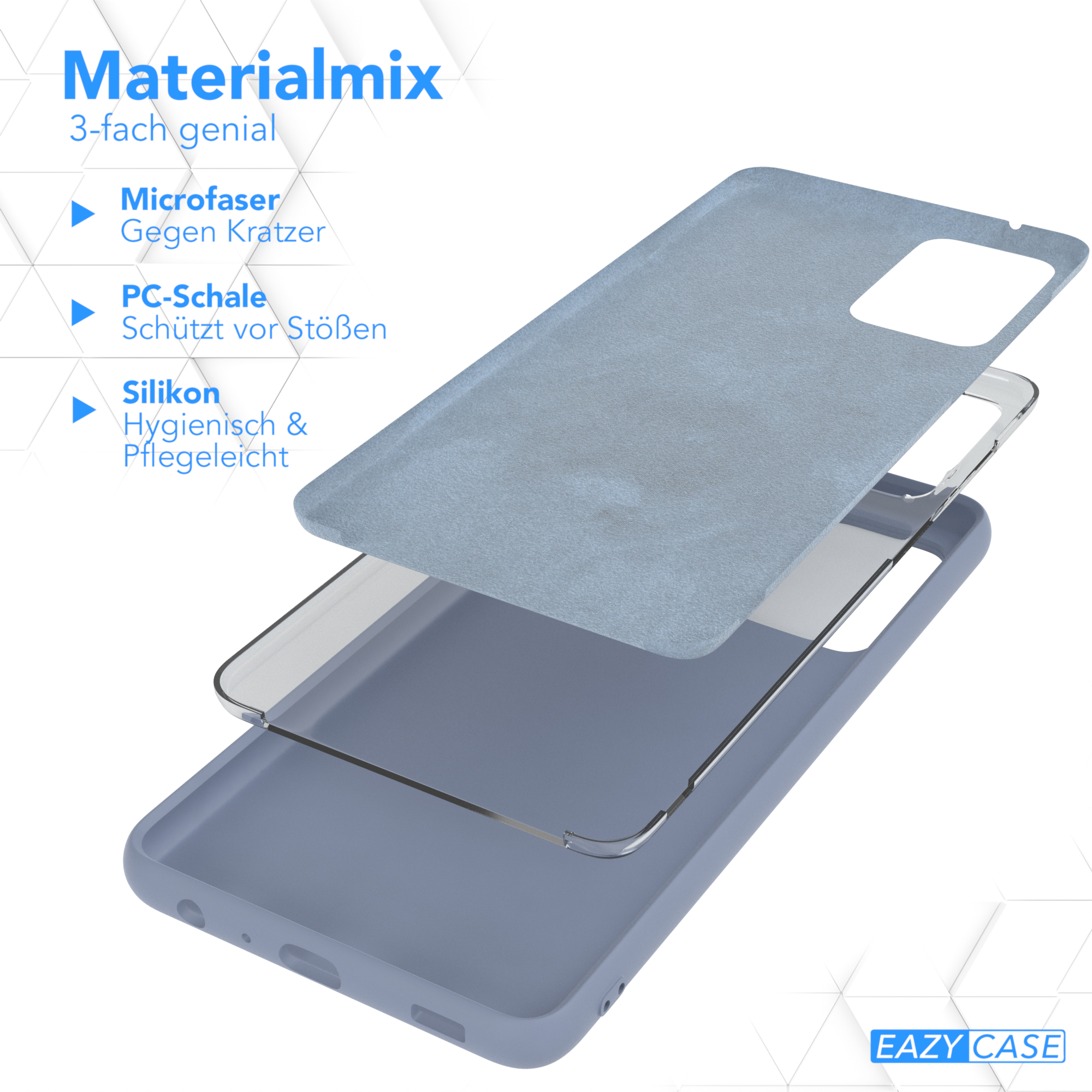Handyhüllen-Schichten: Mikrofaser, PC-Schale und Silikon. Text: Materialmix. Mikrofaser gegen Kratzer, etc.