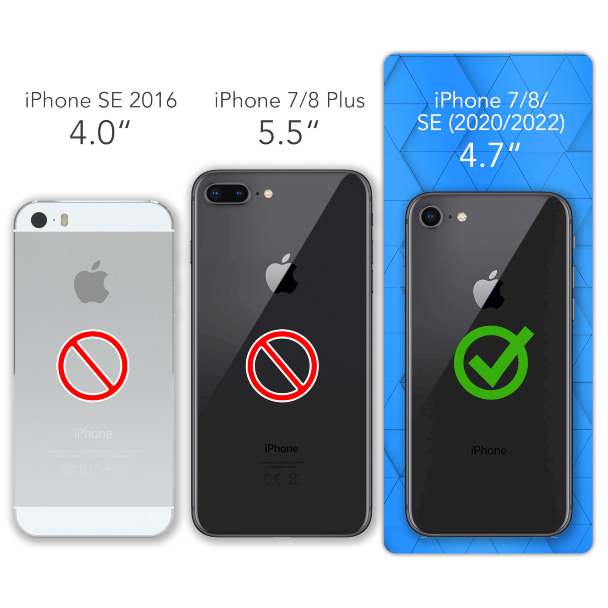 Drei Telefone nebeneinander. Das iPhone 7/SE (2020/2022) ist mit einem grünen Häkchen hervorgehoben.