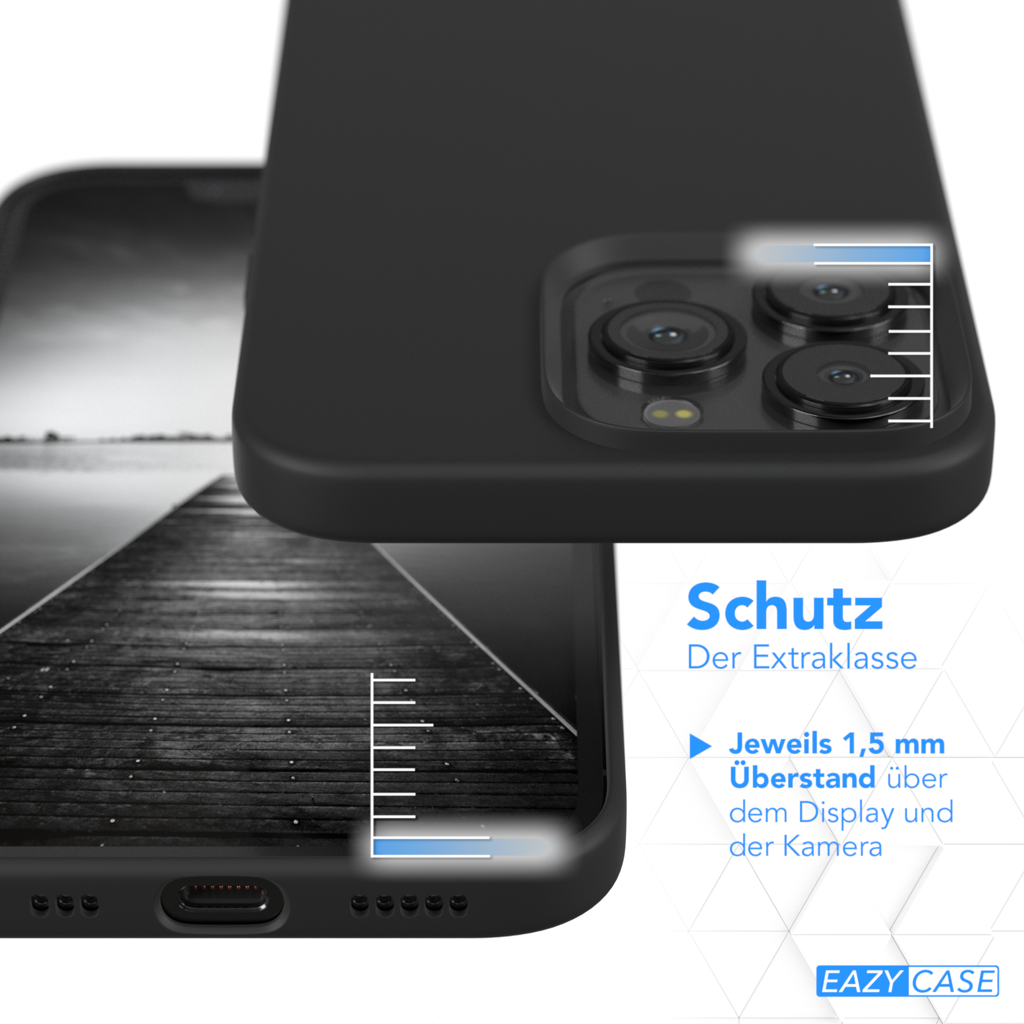 Schwarze Handyhülle über dem Telefon. Text sagt "Schutz" und "1,5 mm Überstand". Hintergrund Steg.