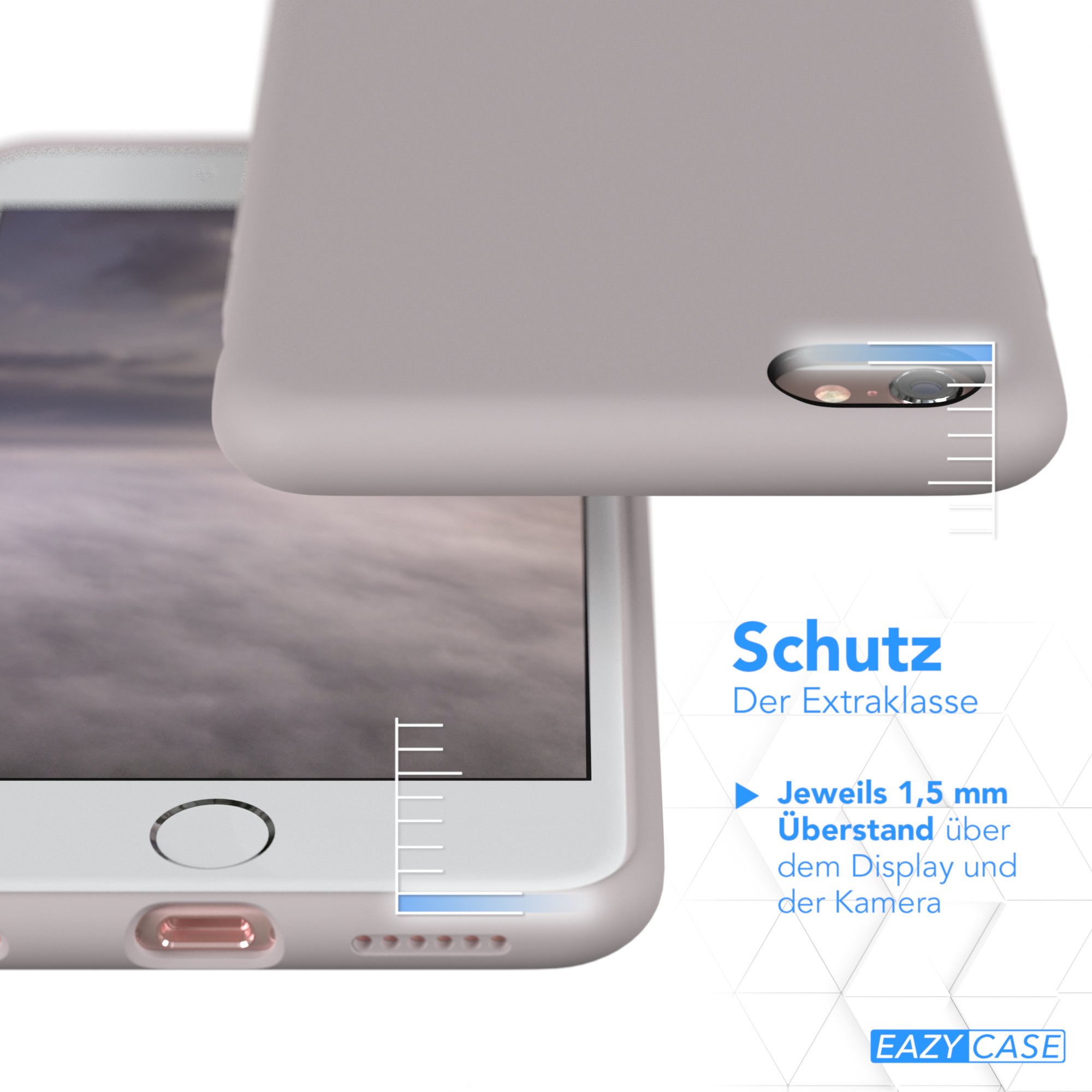 Eine graue Handyhülle mit erhöhtem Rand neben einem Telefon.