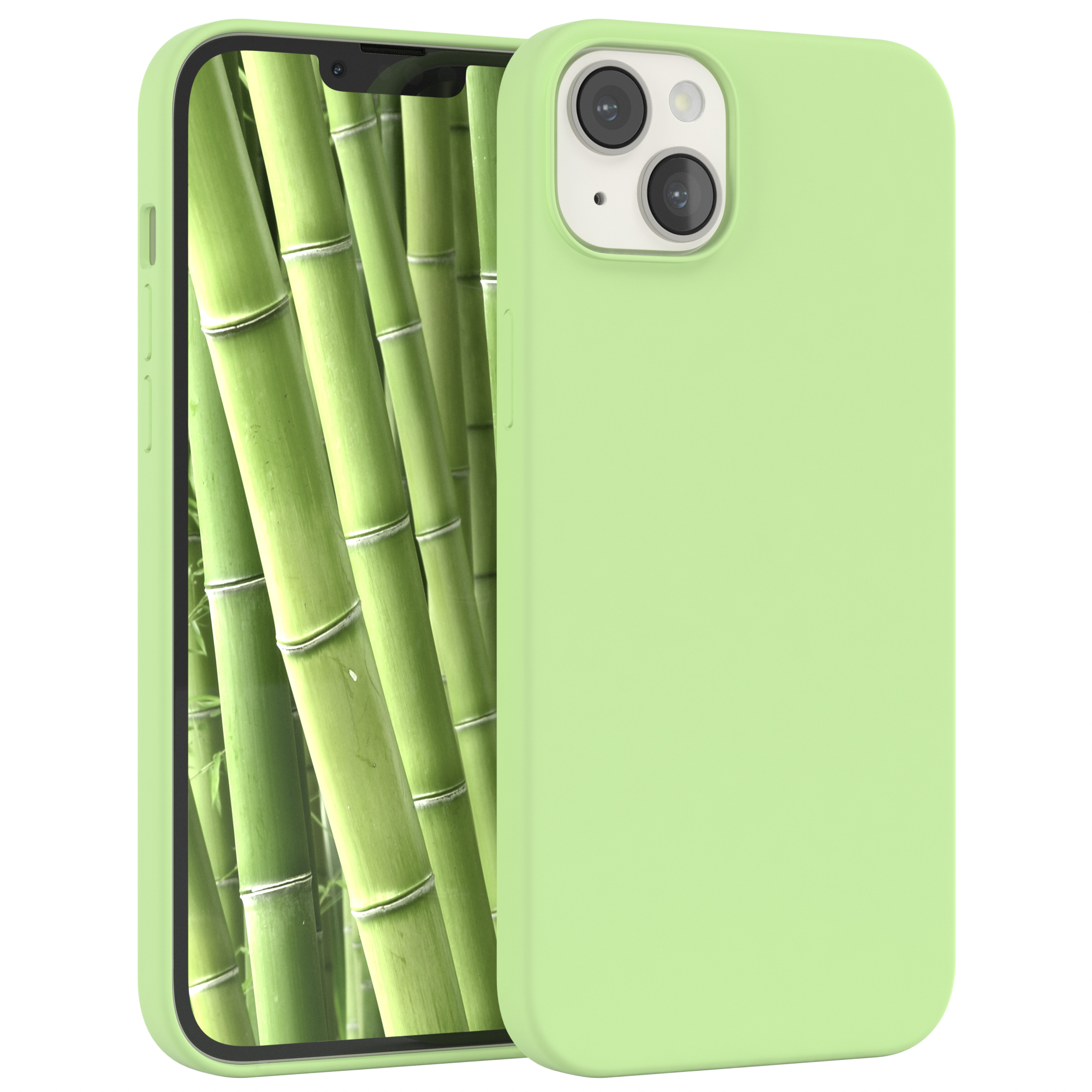 Grüne Handyhülle mit Telefon. Weißer Hintergrund.