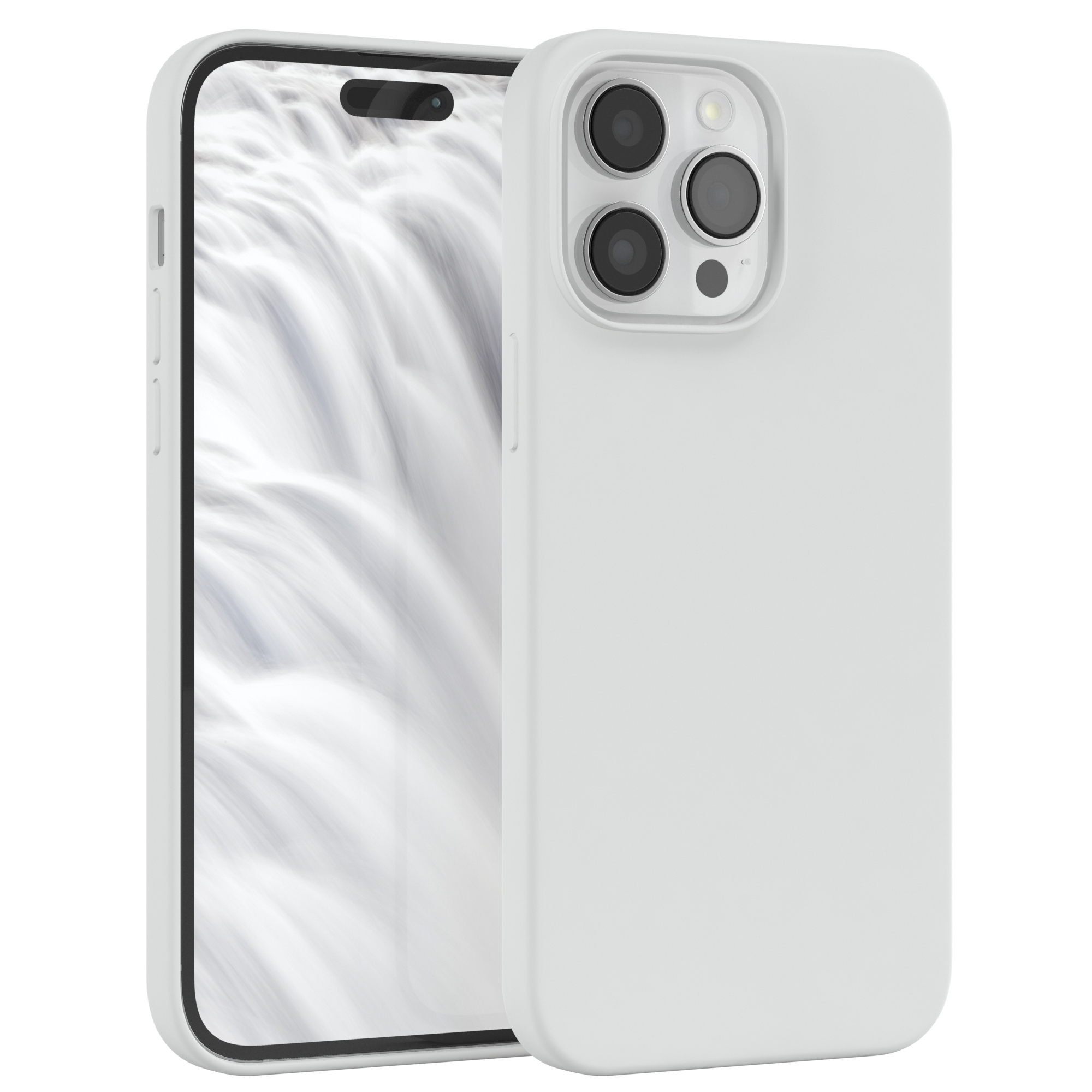 Eine weiße Handyhülle mit weißem Hintergrund, die ein Telefon hält.
