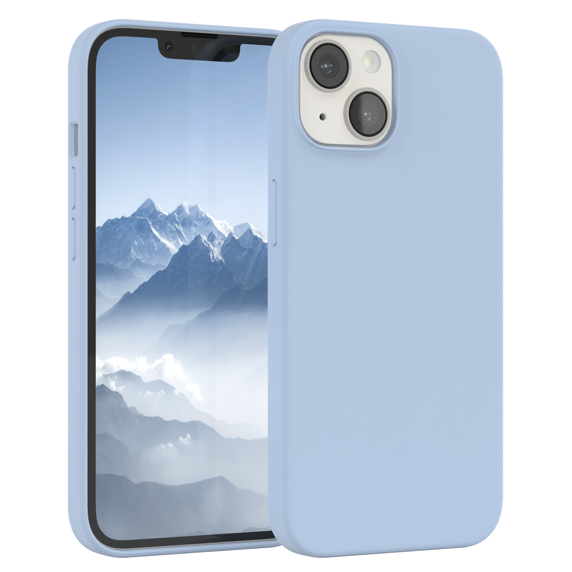 Hellblaue Handyhülle mit einem Telefon darin.
