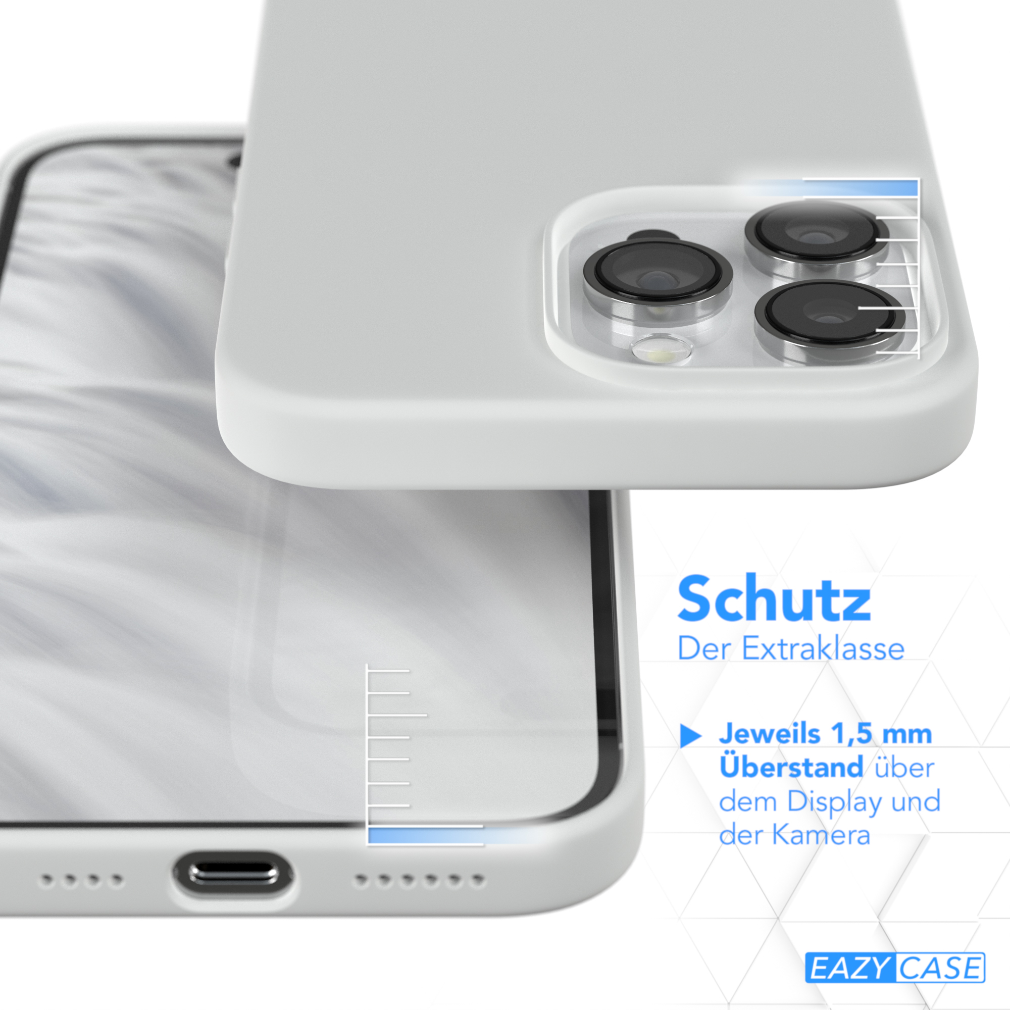 Eine weiße Handyhülle mit einem Telefon darin, das die Kamera und erhöhte Kanten zeigt.