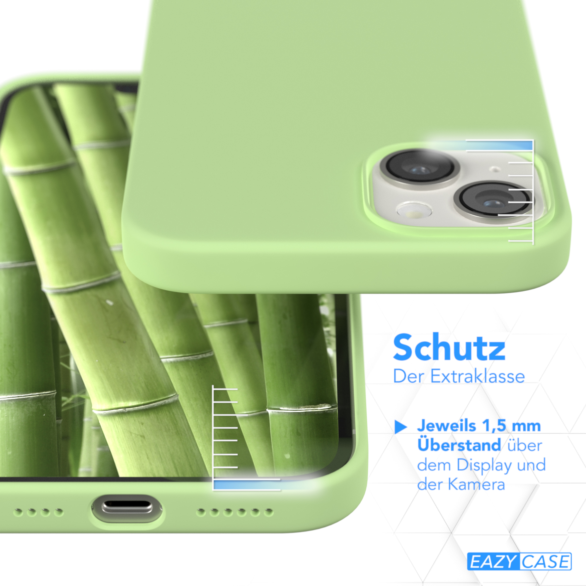 Grüne Handyhülle mit Bambusstängeln im Hintergrund. Text: 'Schutz'.