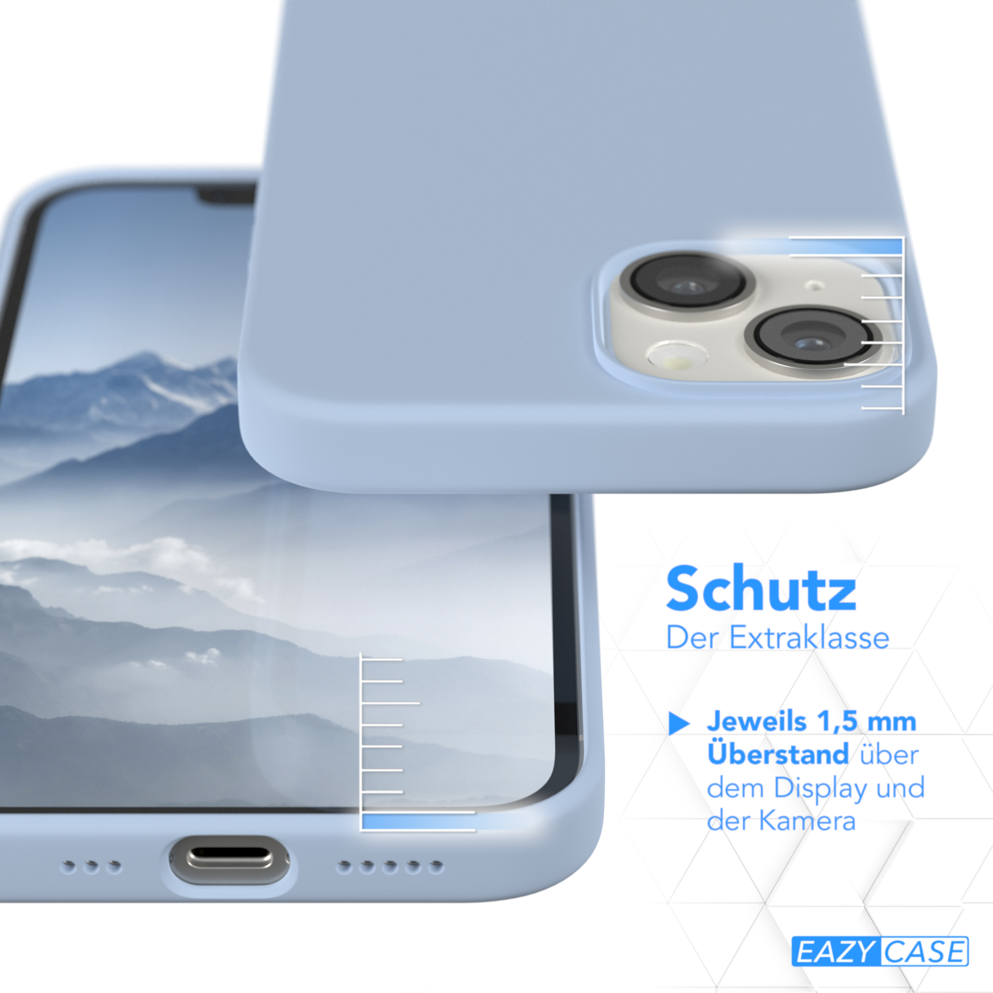 Handyhülle mit Telefon. Hellblaue Hülle mit Schutzbeschreibung.