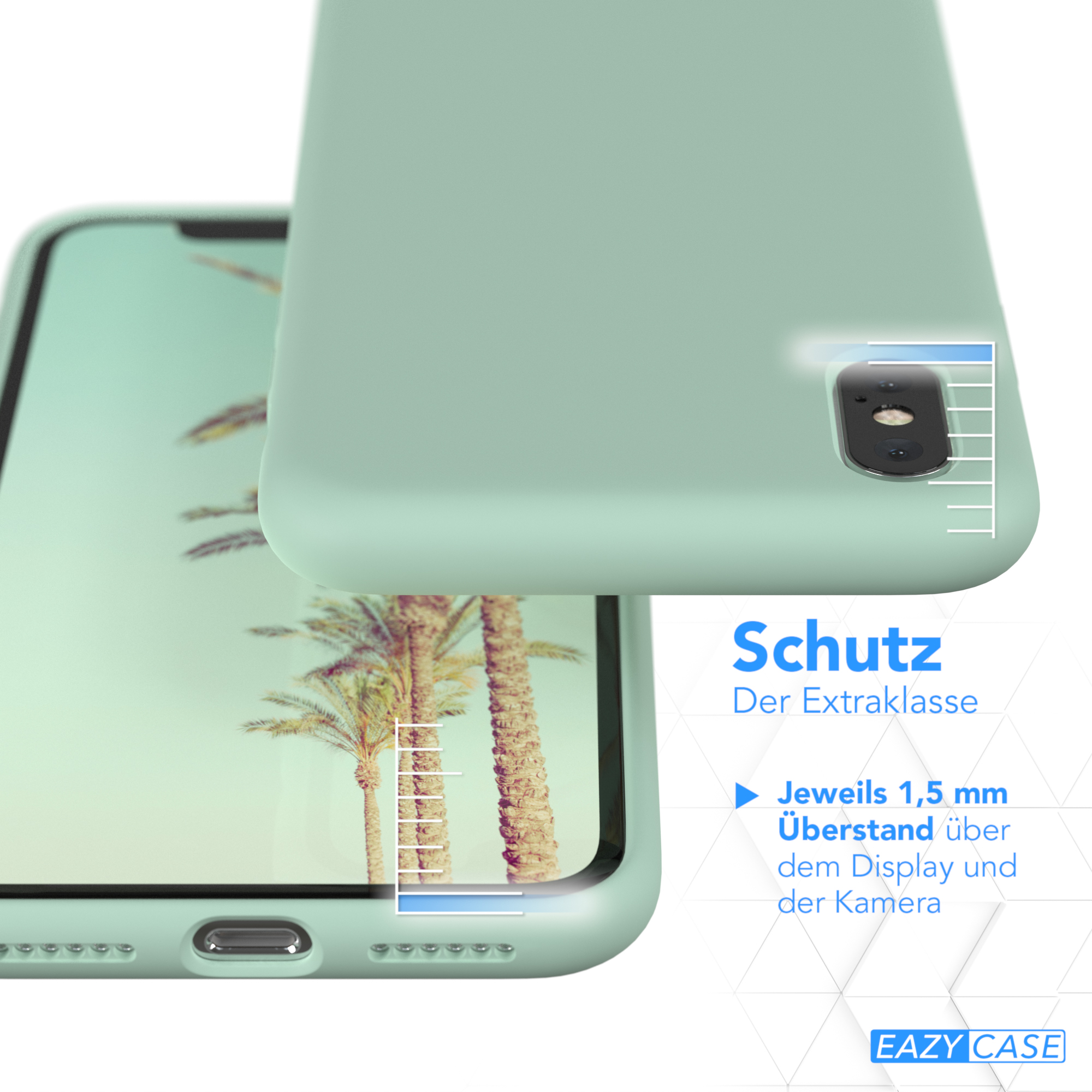 Eine grüne Handyhülle mit Telefon, zeigt die erhöhten Kanten der Hülle.