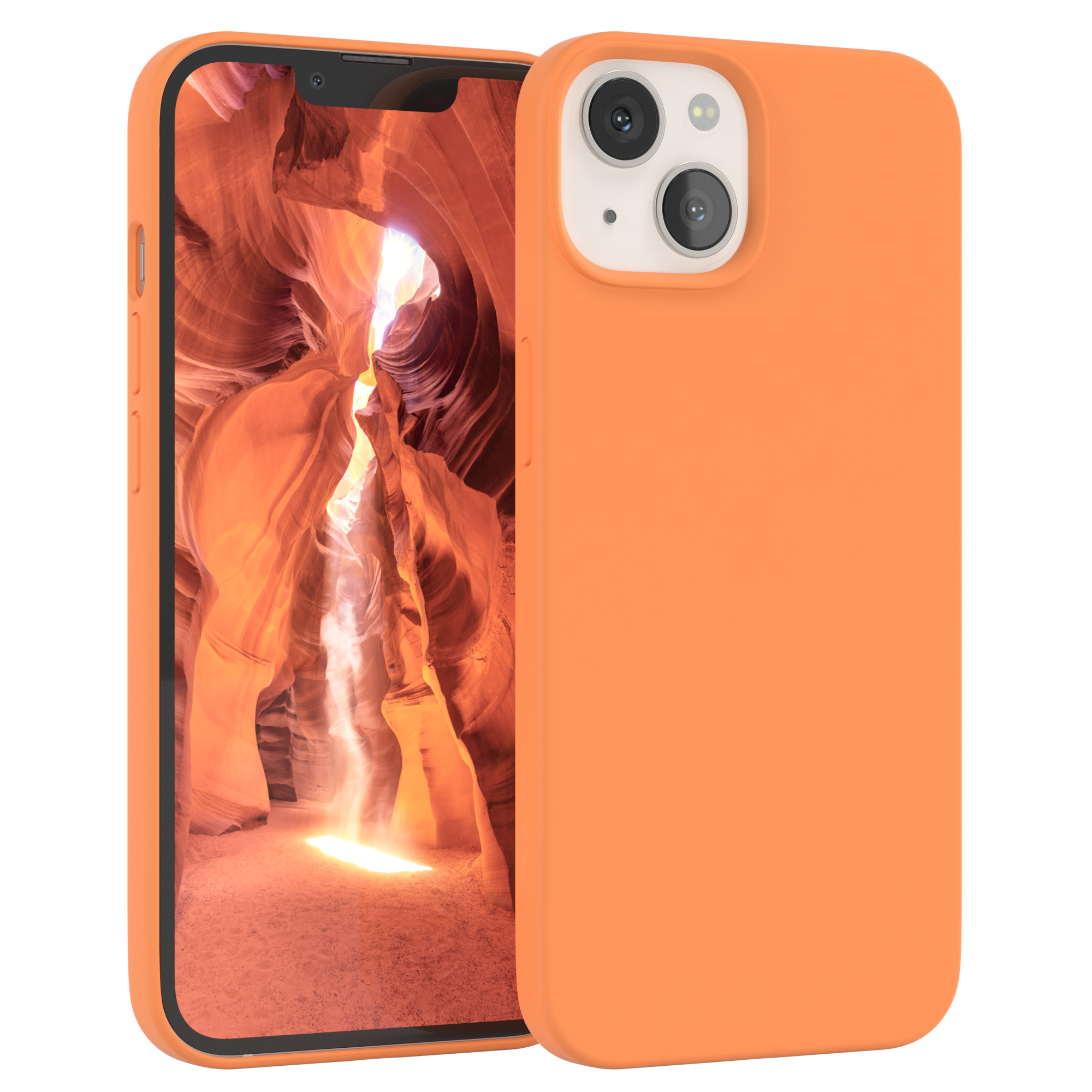 Orangene Handyhülle mit Schlucht auf dem Bildschirm. Die Hülle liegt neben dem Handy.