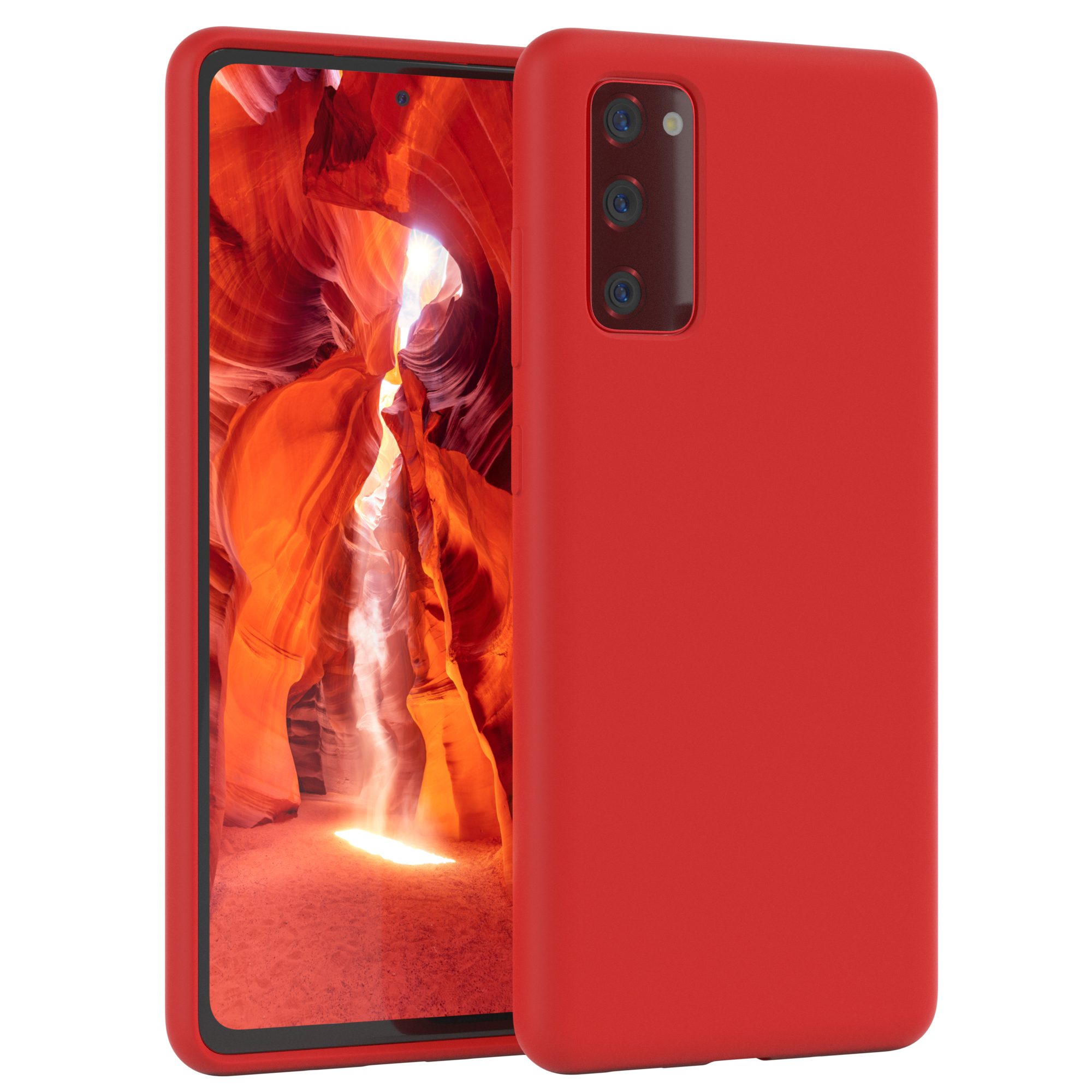 Rote Handyhülle und Telefon, das einen Canyon anzeigt. Weißer Hintergrund.