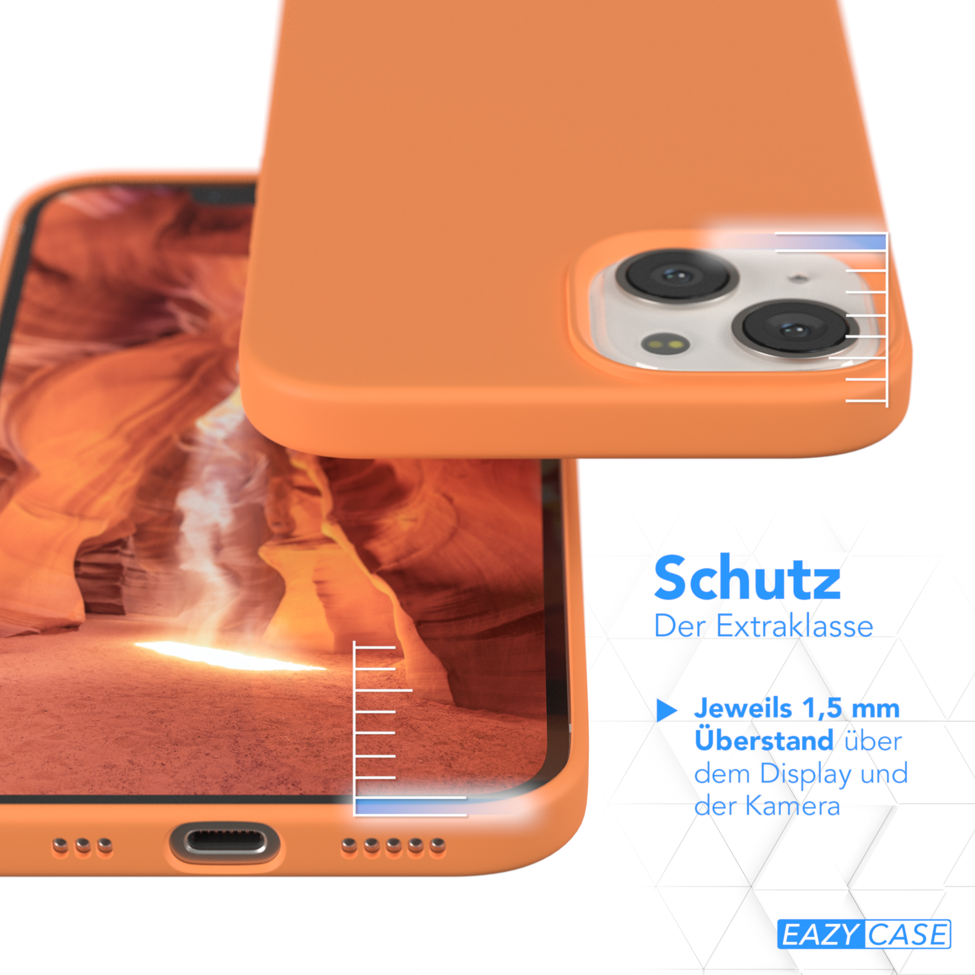 Eine orangefarbene Handyhülle mit offenem Deckel. Text über Schutz.