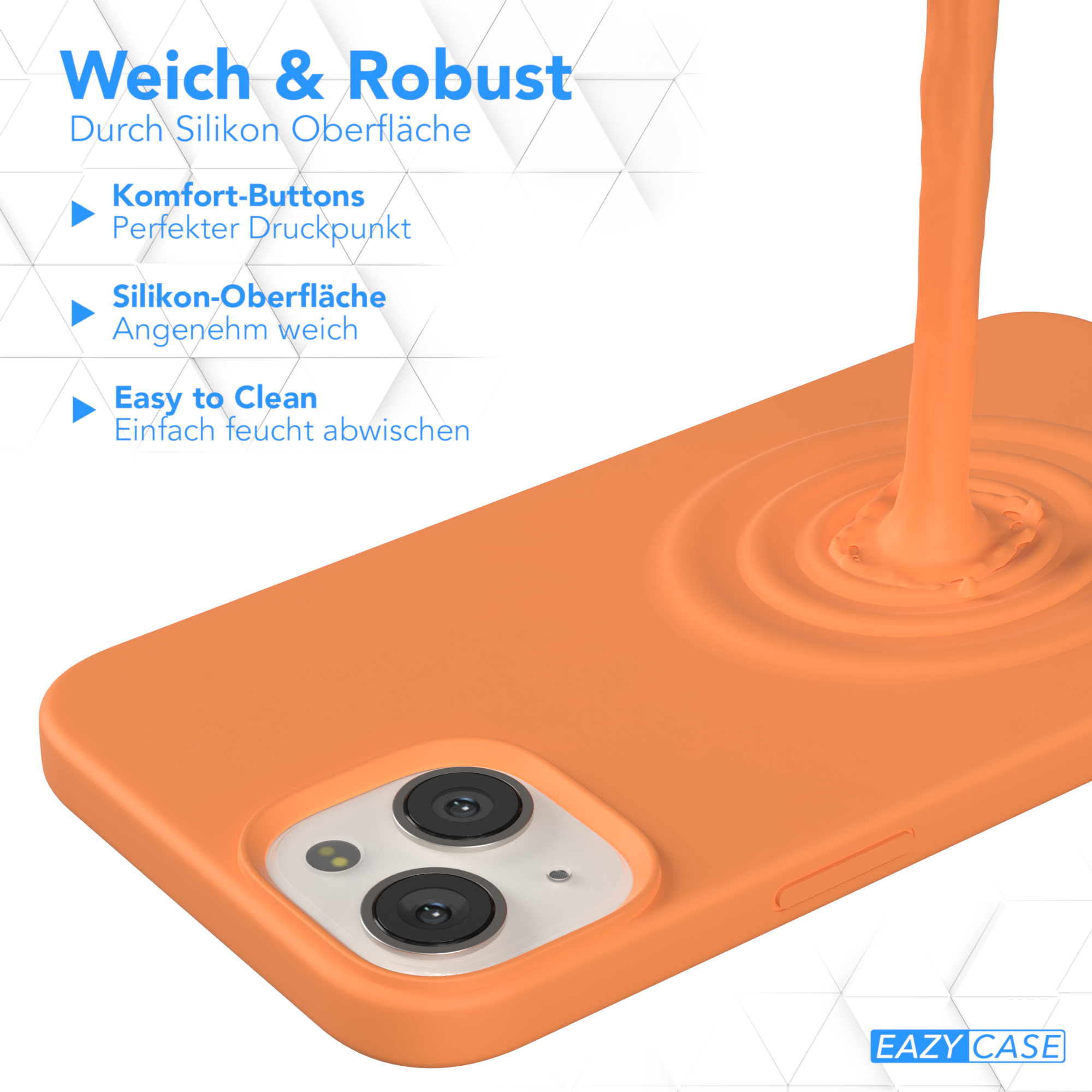 Orange Handyhülle mit fließender Flüssigkeit. Text: weich & robust. Merkmale: Komforttasten, Silikonoberfläche.