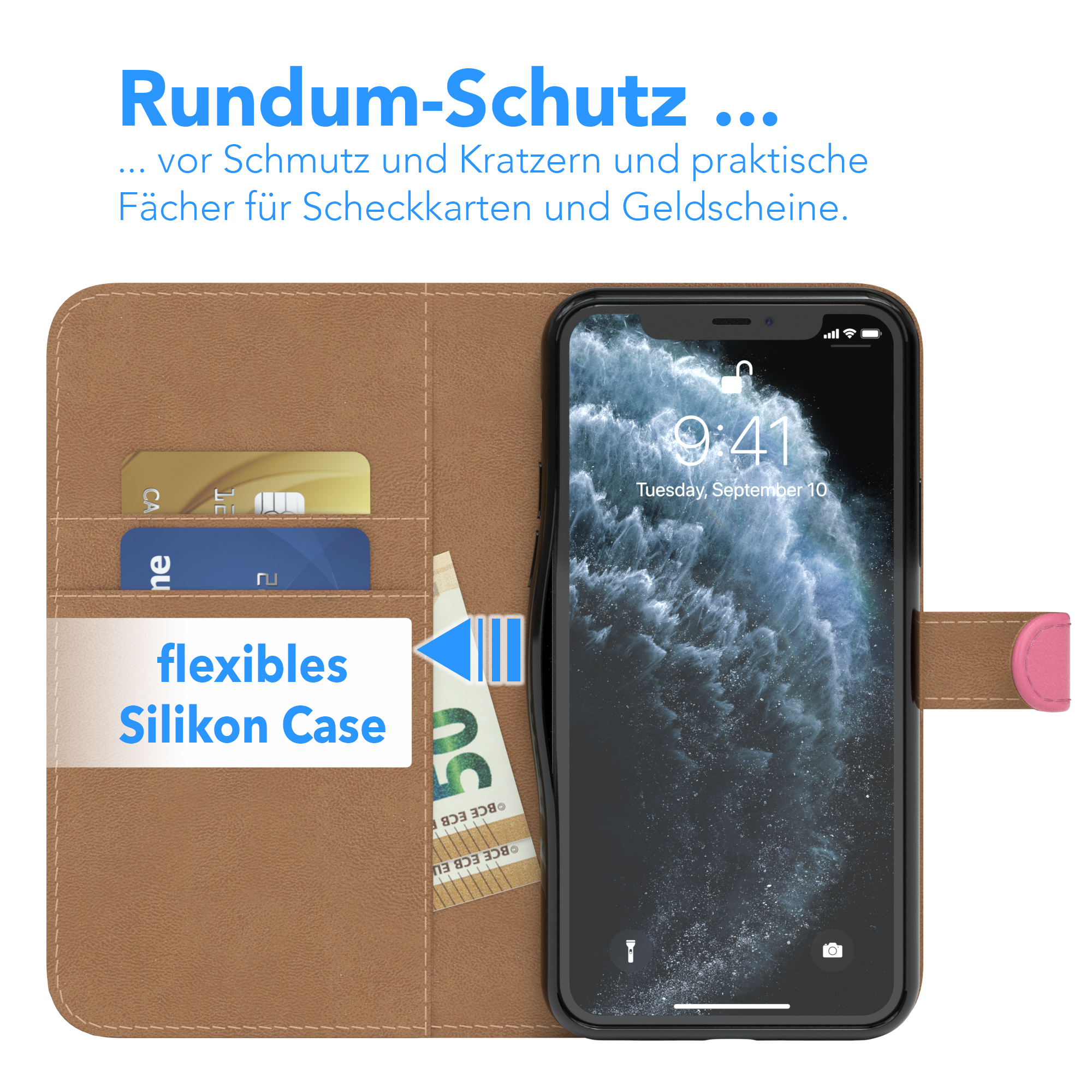 Eine braune Handyhülle mit einem Telefon darin, die Karten und Bargeld in Schlitzen zeigt. Sie ist geöffnet.