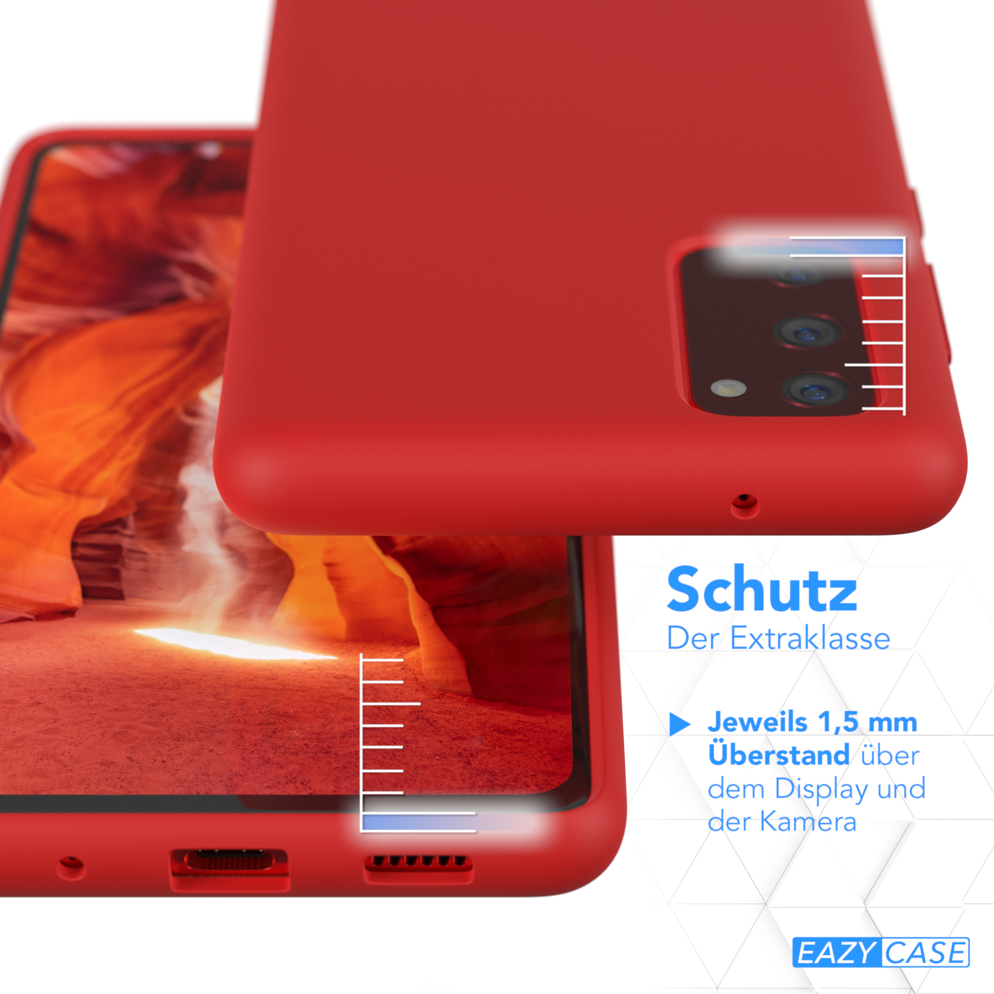 Rote Handyhülle mit Telefon, Kamera und erhöhten Kanten. Der Bildschirm ist sichtbar.